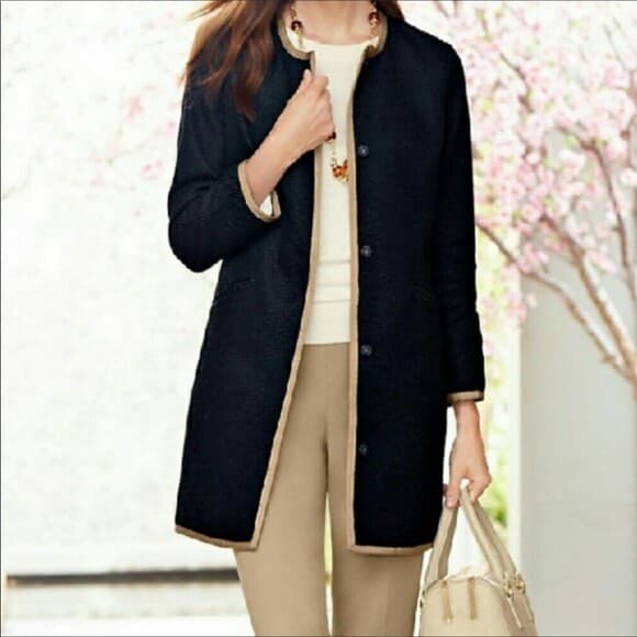 NWoT Talbots Tweet Coat Jacket Snap Pocket Black Tan Trim Cotton Blend Women 10 - Thumbnail 3