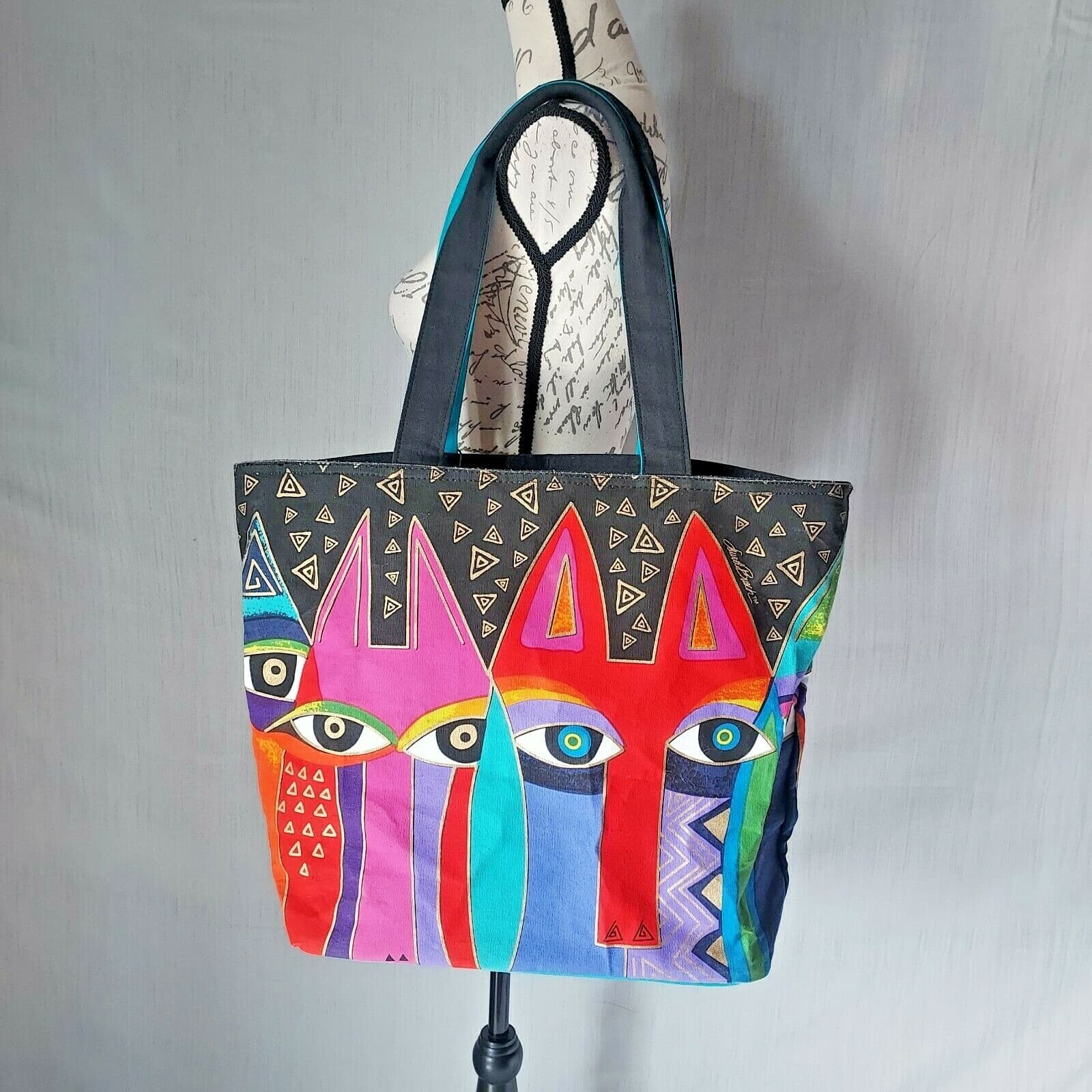 EUC Sun N' Sand Laurel Burch Tribal Cats Tote Bag Bead Embellished Canvas Zipper - Thumbnail 2