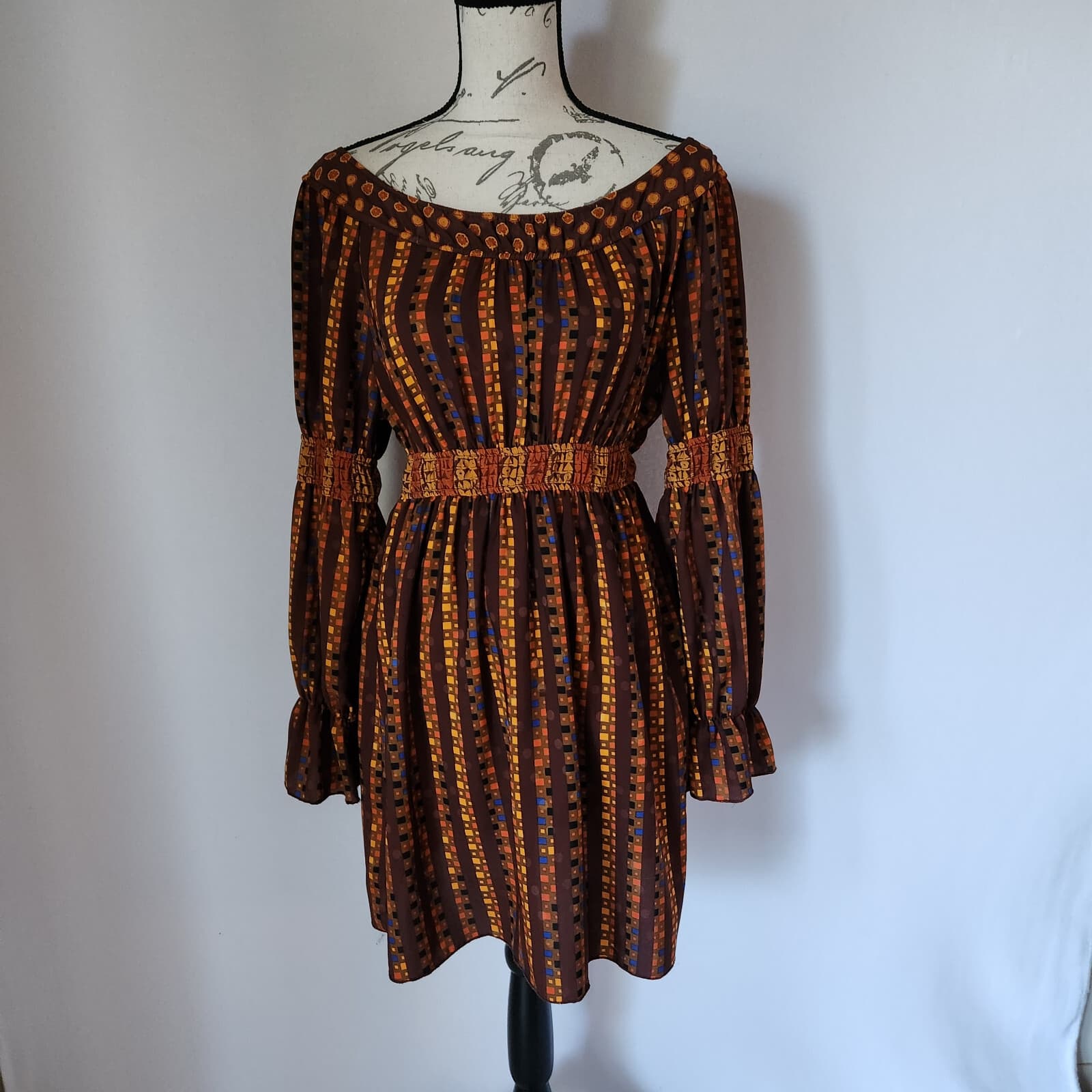 Anna Sui For Target Boho Summer Mini Dress Puff Long Sleeve Geo-Multicolor Sz.S - Thumbnail 2