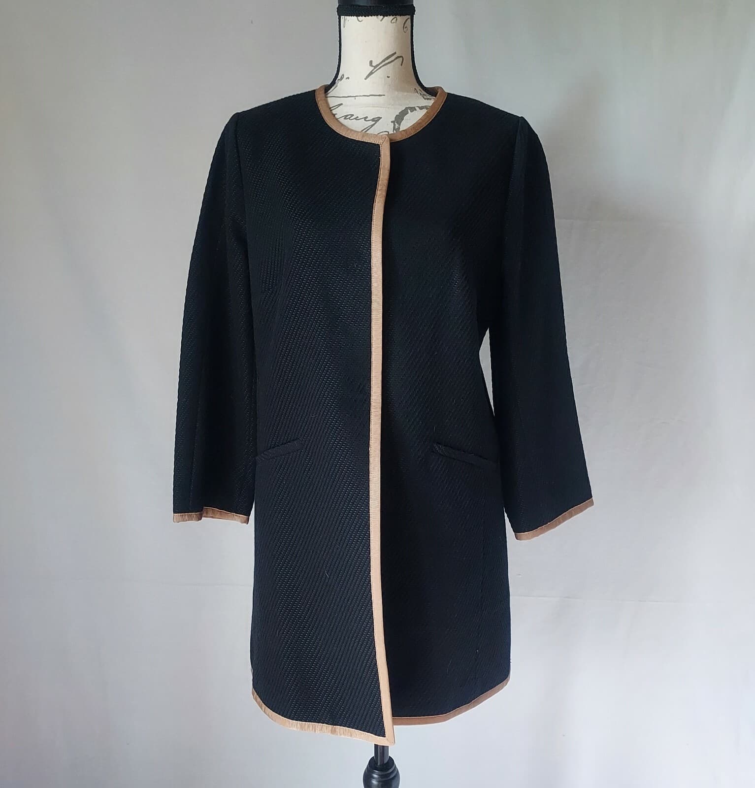 NWoT Talbots Tweet Coat Jacket Snap Pocket Black Tan Trim Cotton Blend Women 10 - Thumbnail 2