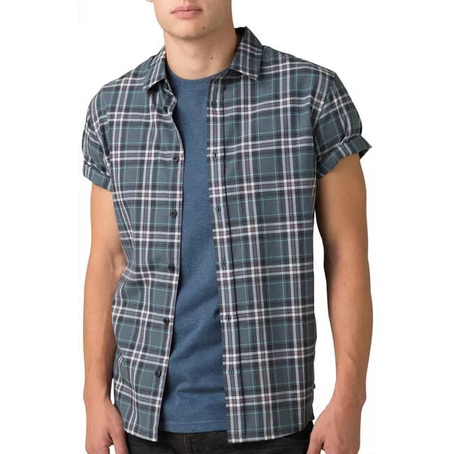 Prana Organic Cotton Blend Plaid Shirt Short Sleeve Button Blue Grey Men Large - Thumbnail 2