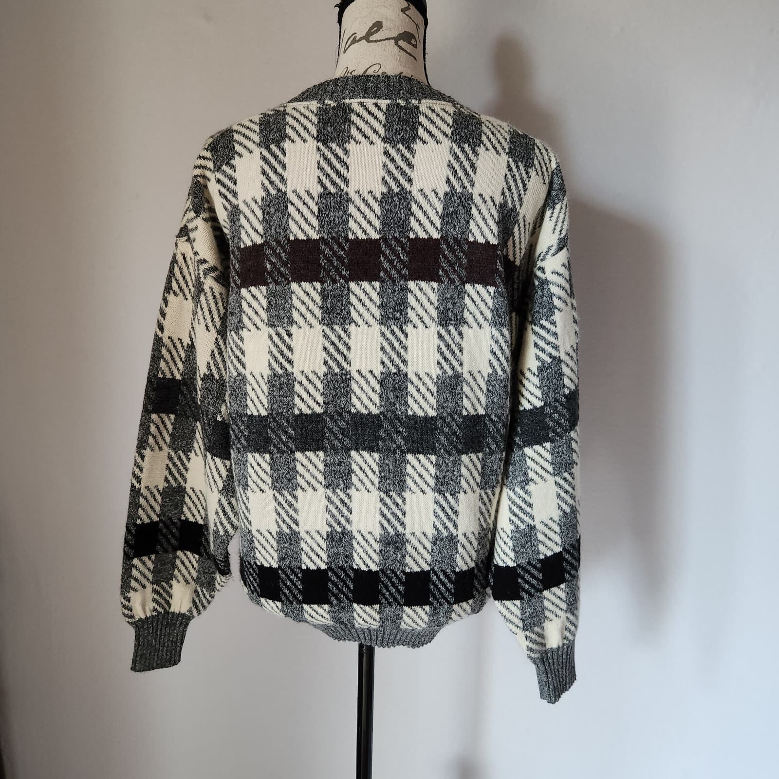 Vintage London Fog Grandpa Wool Blend Check Sweater Crew Neck Sz.M Made in USA - Thumbnail 5
