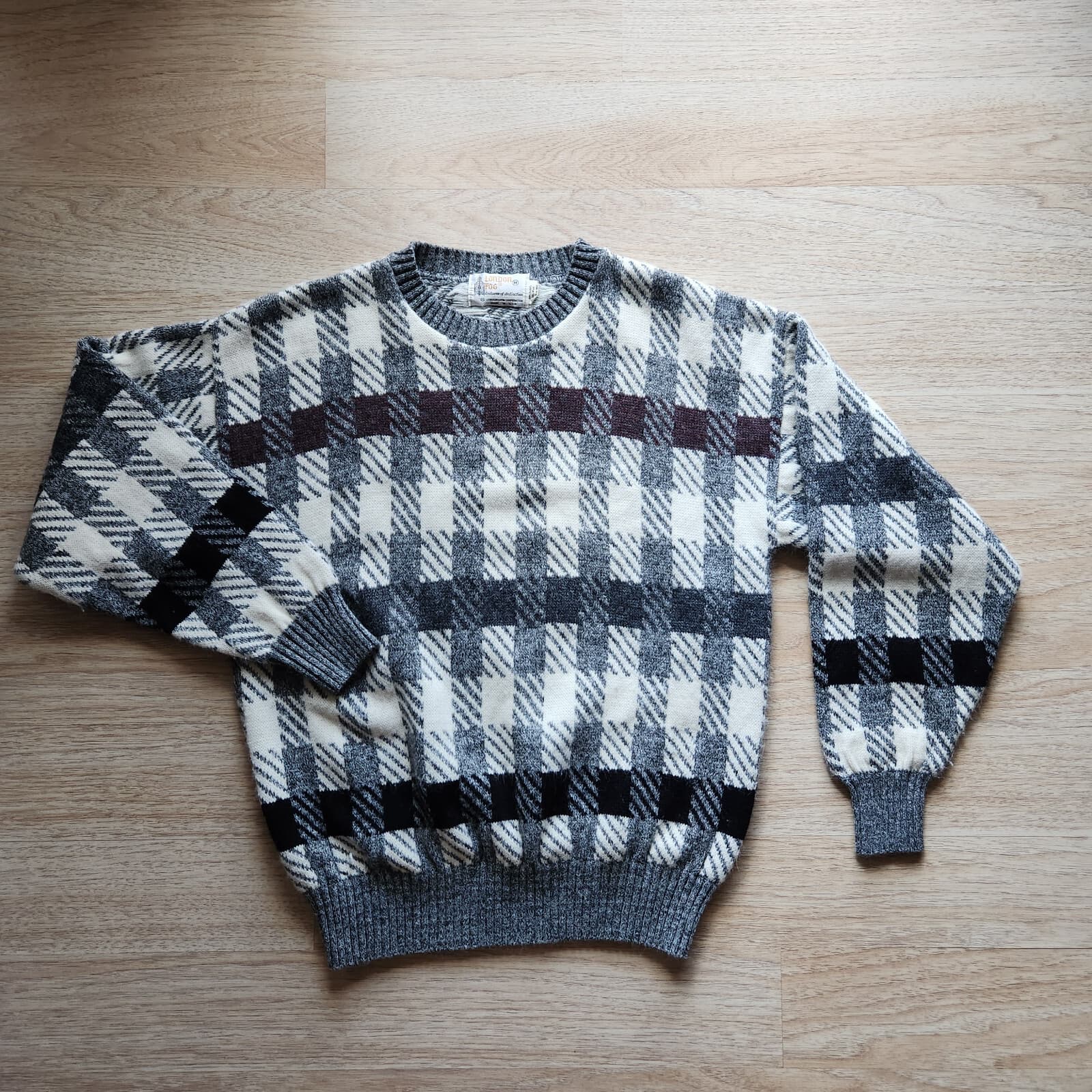 Vintage London Fog Grandpa Wool Blend Check Sweater Crew Neck Sz.M Made in USA - Thumbnail 2