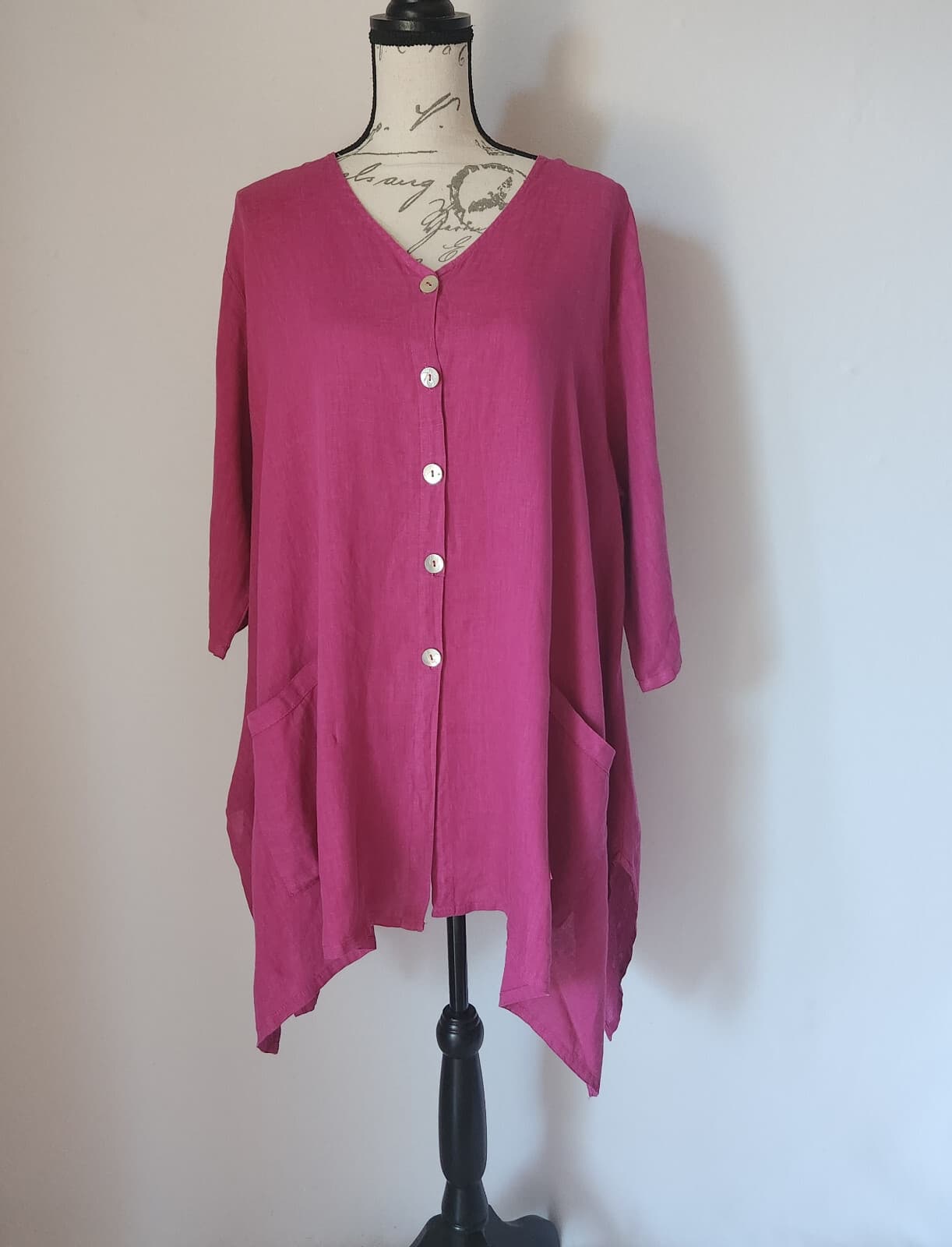 Match Point 100% Linen Lagenlook Mother Pearl Button Blouse Pocket Pink Sz.L USA - Thumbnail 2