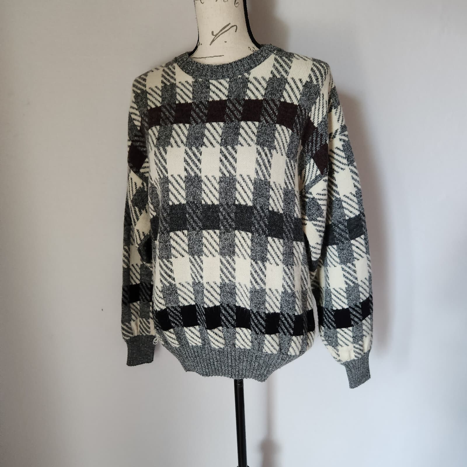Vintage London Fog Grandpa Wool Blend Check Sweater Crew Neck Sz.M Made in USA - Thumbnail 3