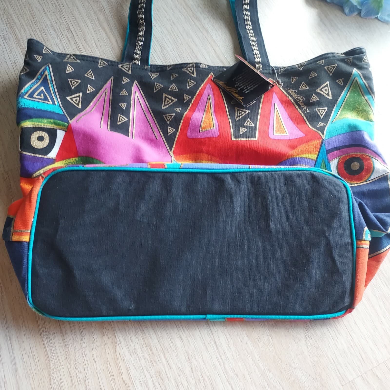 EUC Sun N' Sand Laurel Burch Tribal Cats Tote Bag Bead Embellished Canvas Zipper - Thumbnail 7