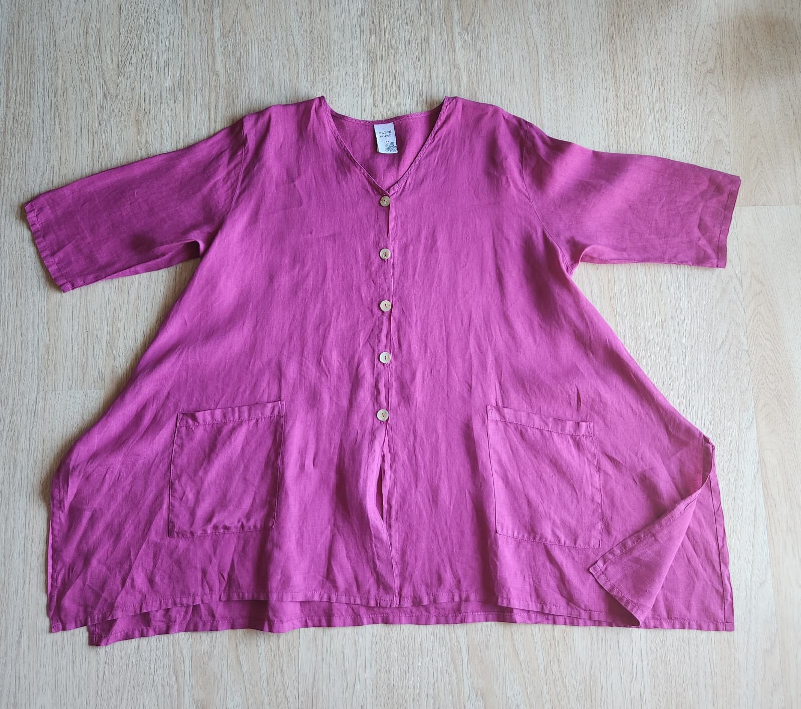 Match Point 100% Linen Lagenlook Mother Pearl Button Blouse Pocket Pink Sz.L USA - Thumbnail 3