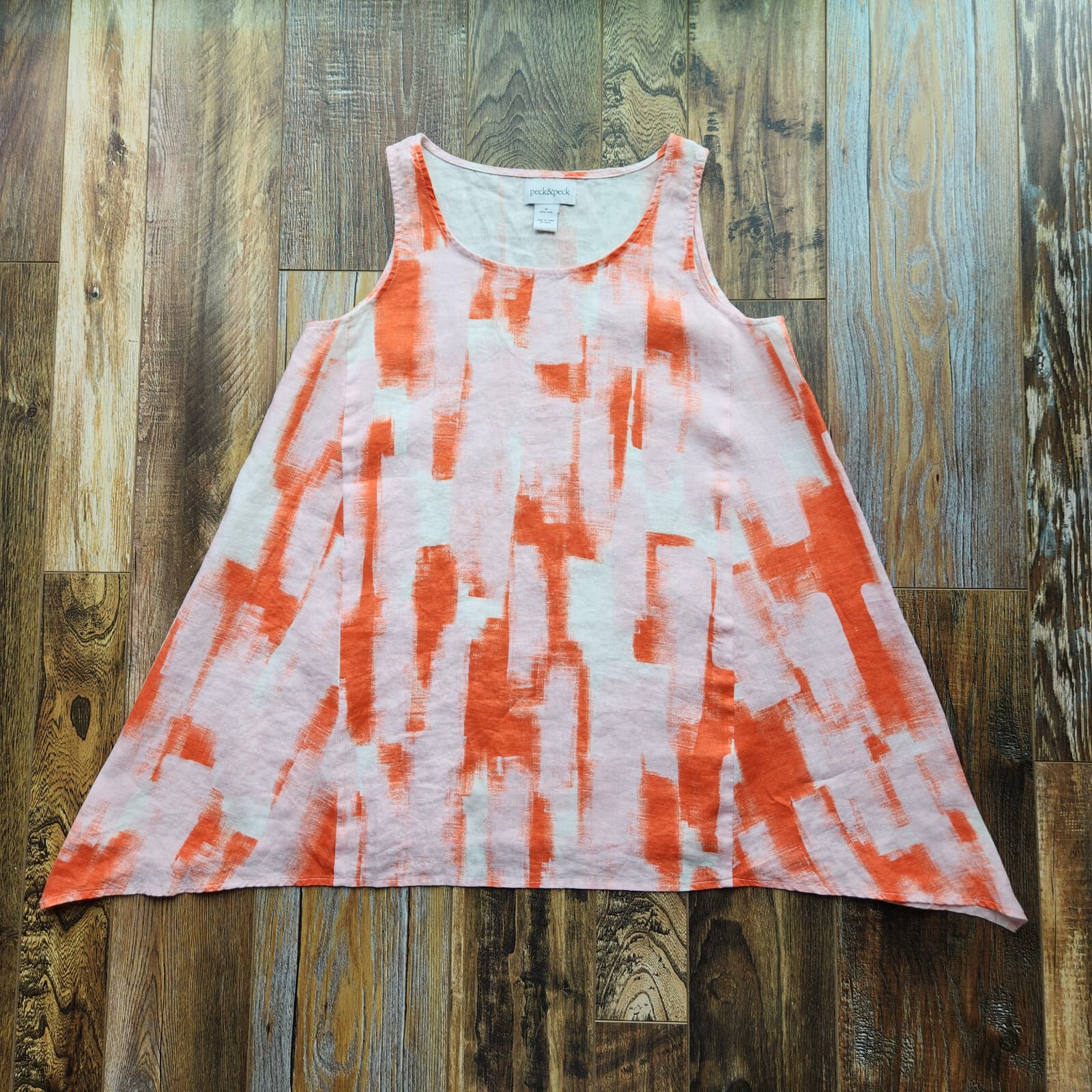 Peck & Peck 100% Linen Tunic Swing Tank Top Sleeveless Orange Pink Oversize M - Thumbnail 6