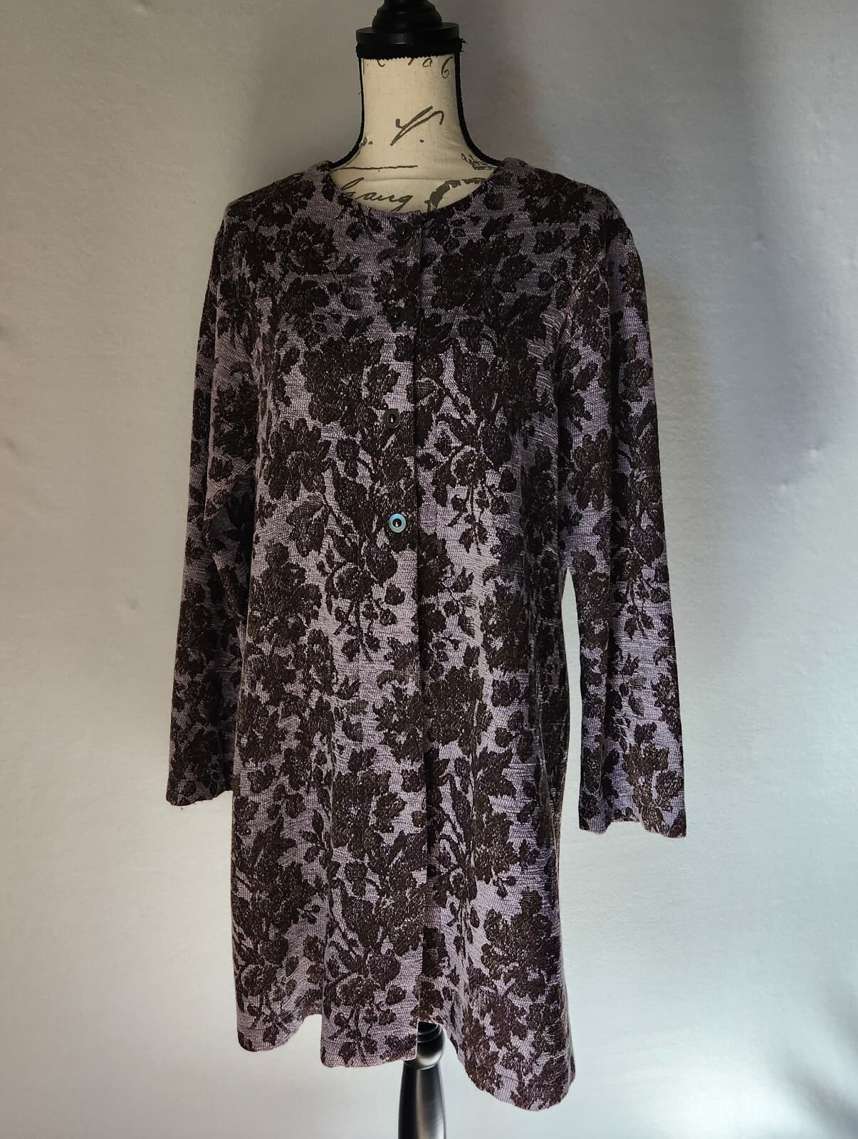 ohm Wool Blend Floral Jacquard Long-Line Jacket Snap Purple Brown Women's L USA - Thumbnail 4
