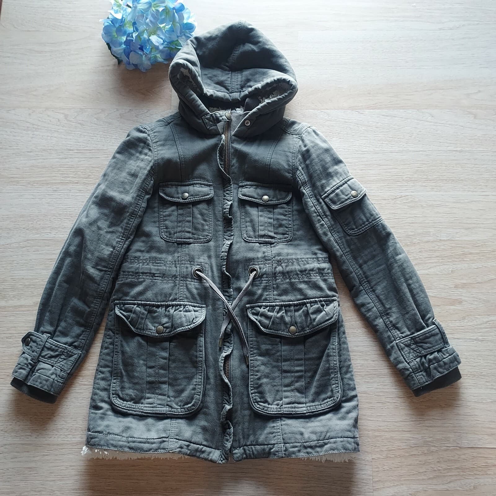 Sanctuary Hooded Military Sherpa Lined jacket Zip-Up Pocket Green Women XS - Thumbnail 3