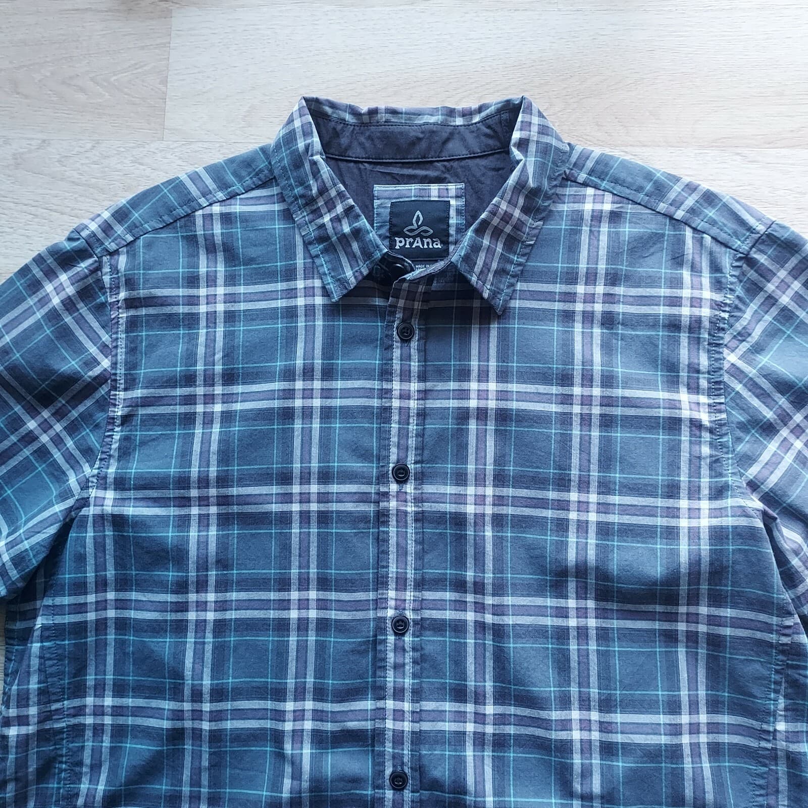 Prana Organic Cotton Blend Plaid Shirt Short Sleeve Button Blue Grey Men Large - Thumbnail 4