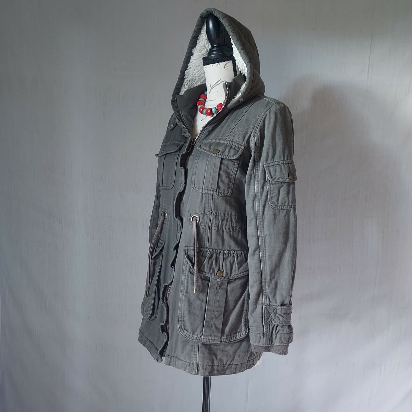 Sanctuary Hooded Military Sherpa Lined jacket Zip-Up Pocket Green Women XS - Thumbnail 5