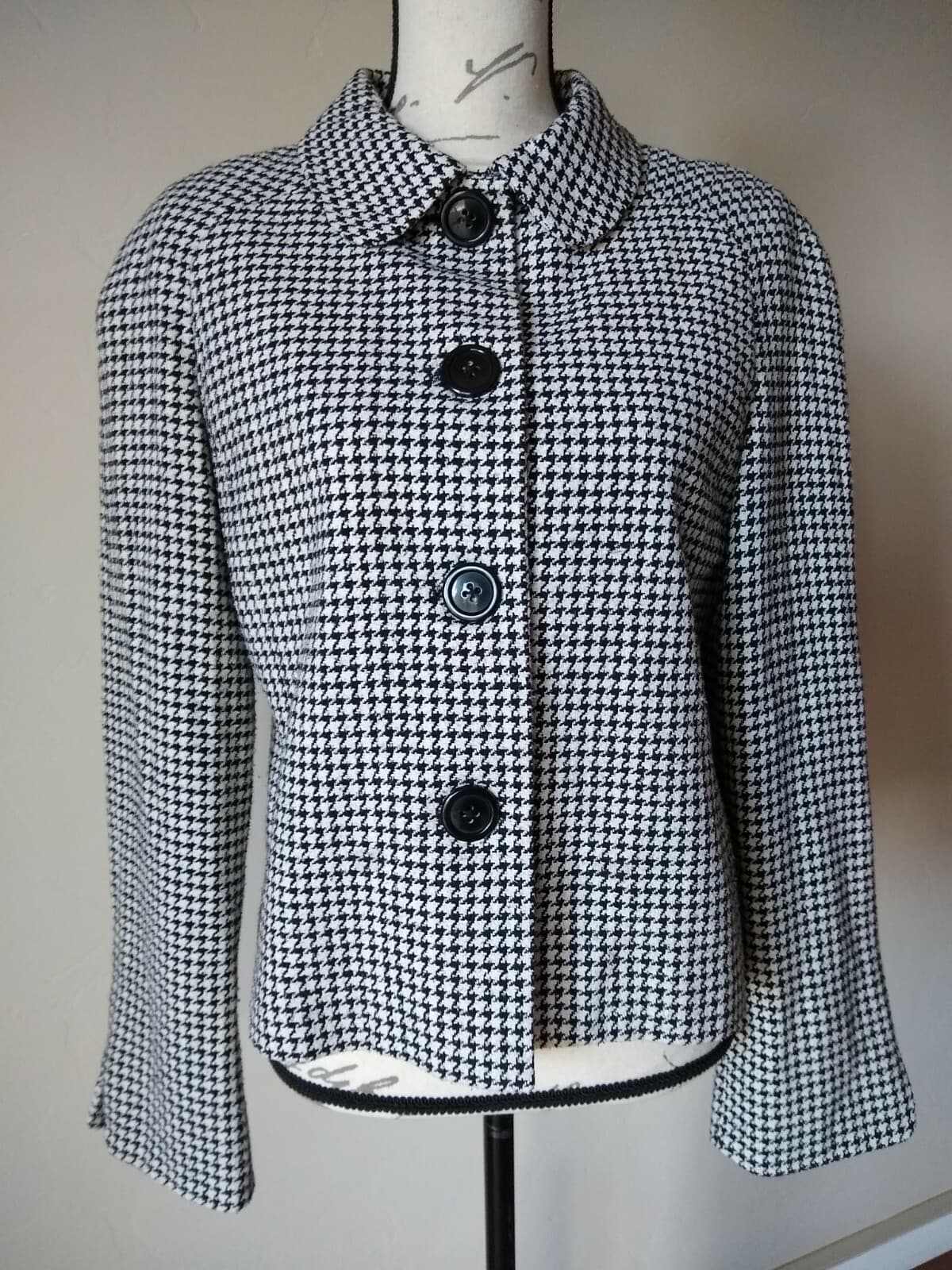 BARRIE PACE Women 100% Silk Tweed Blazer Button-up Lined Black White Sz.8 - Thumbnail 2