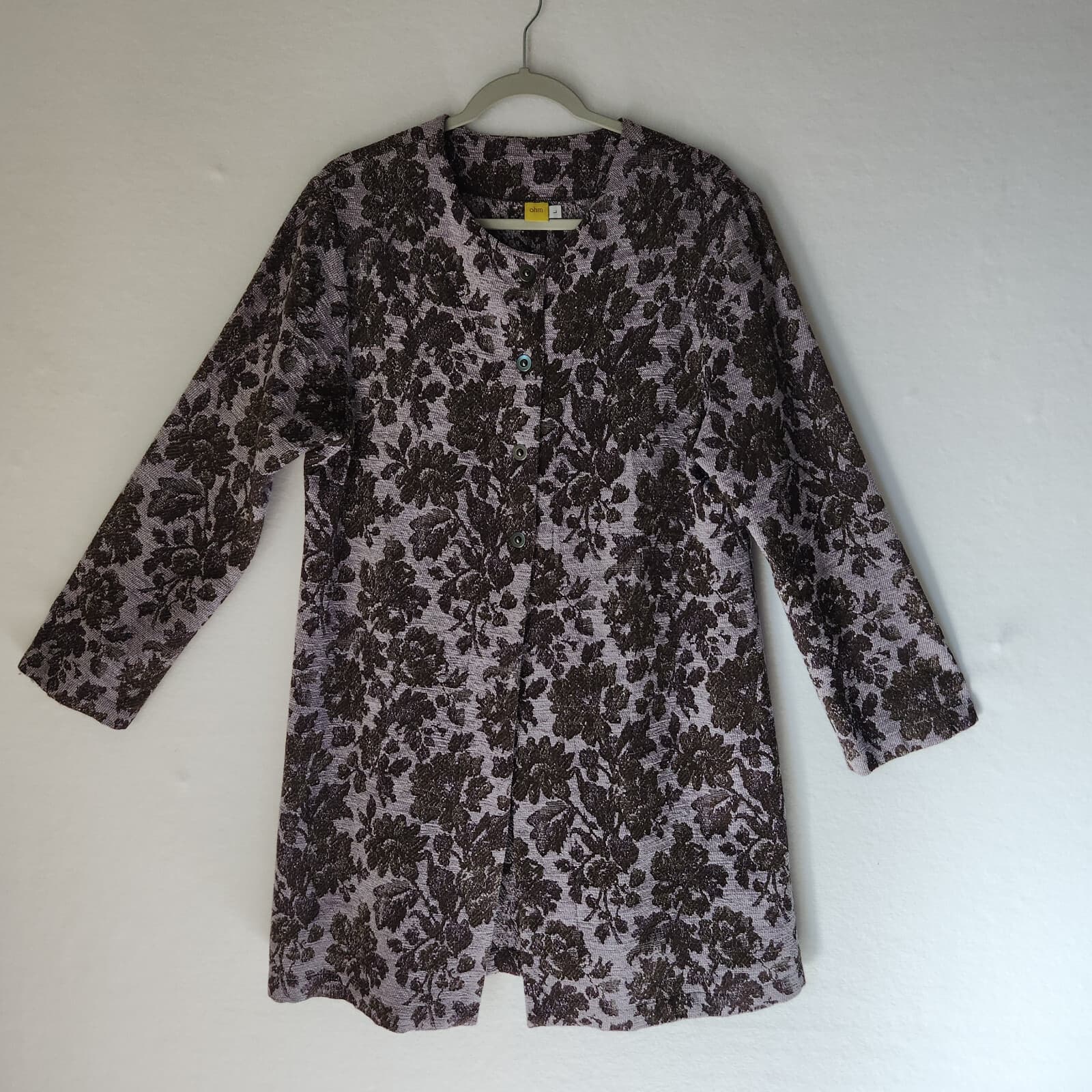 ohm Wool Blend Floral Jacquard Long-Line Jacket Snap Purple Brown Women's L USA - Thumbnail 3