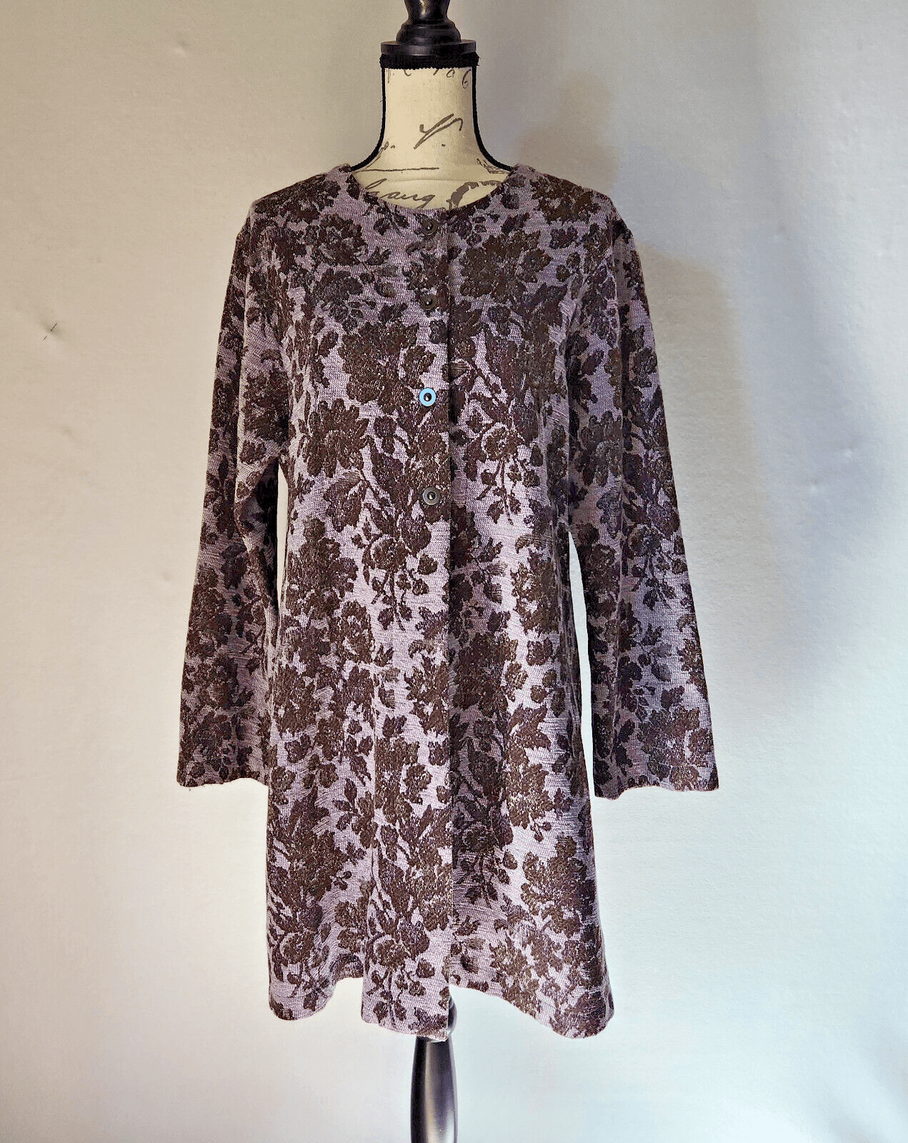 ohm Wool Blend Floral Jacquard Long-Line Jacket Snap Purple Brown Women's L USA - Thumbnail 2