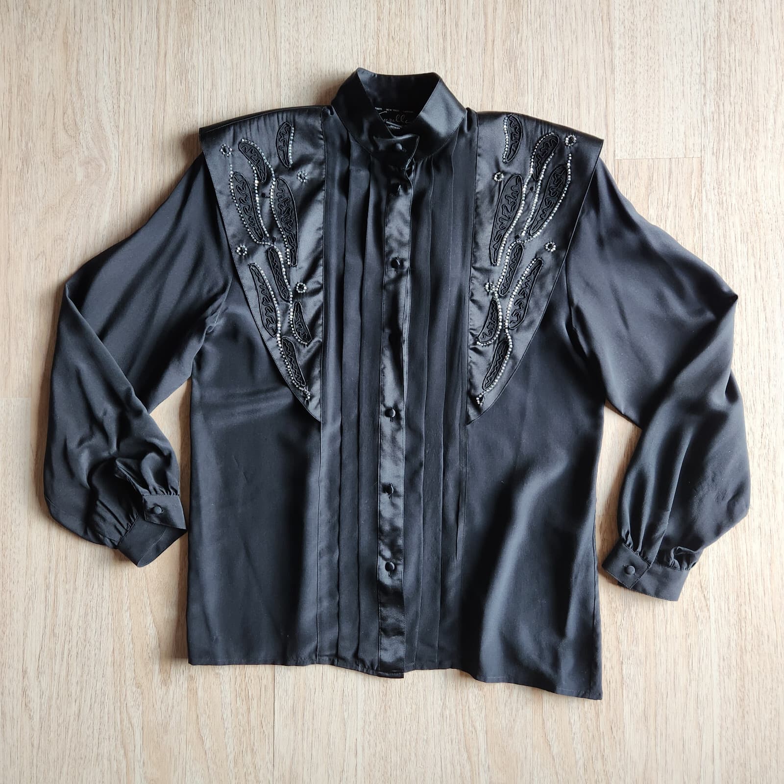 Vintage Suzelle Silk Satin Beaded Blouse High Neck Button Long Sleeve Black Sz.8 - Thumbnail 3