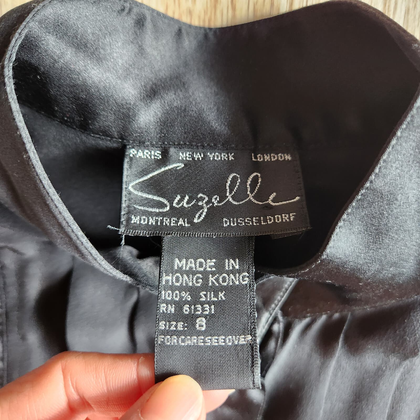 Vintage Suzelle Silk Satin Beaded Blouse High Neck Button Long Sleeve Black Sz.8 - Thumbnail 9