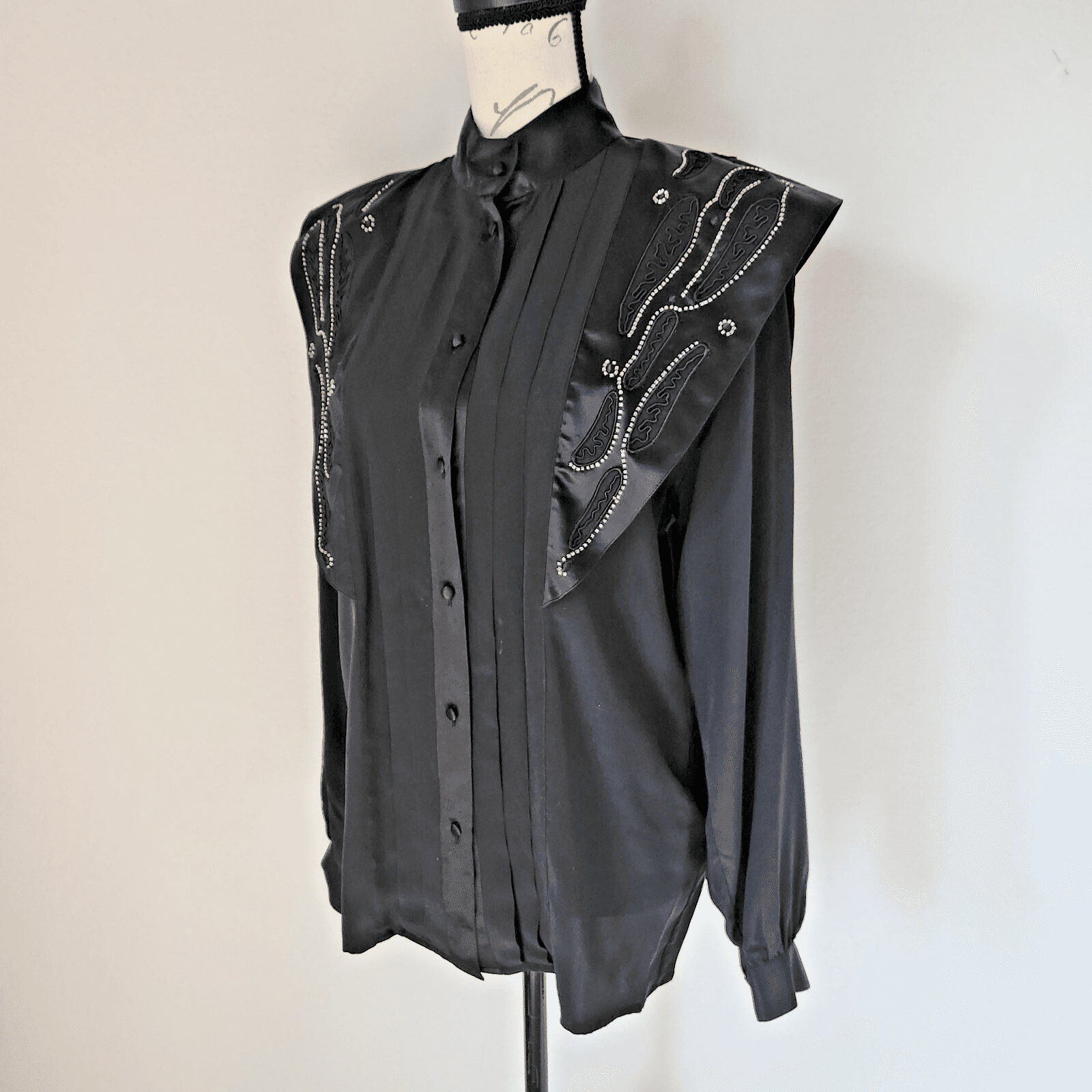 Vintage Suzelle Silk Satin Beaded Blouse High Neck Button Long Sleeve Black Sz.8 - Thumbnail 4