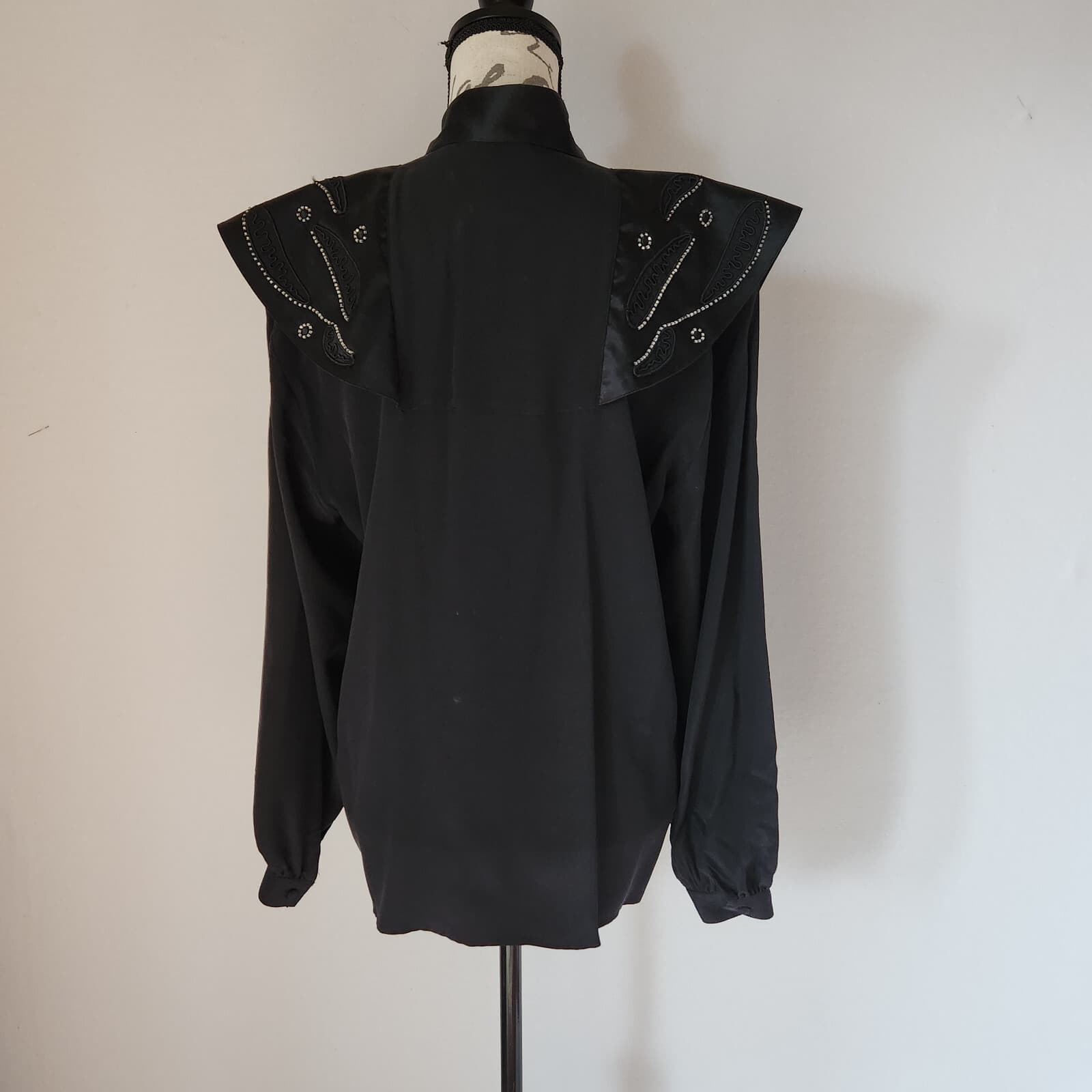 Vintage Suzelle Silk Satin Beaded Blouse High Neck Button Long Sleeve Black Sz.8 - Thumbnail 6