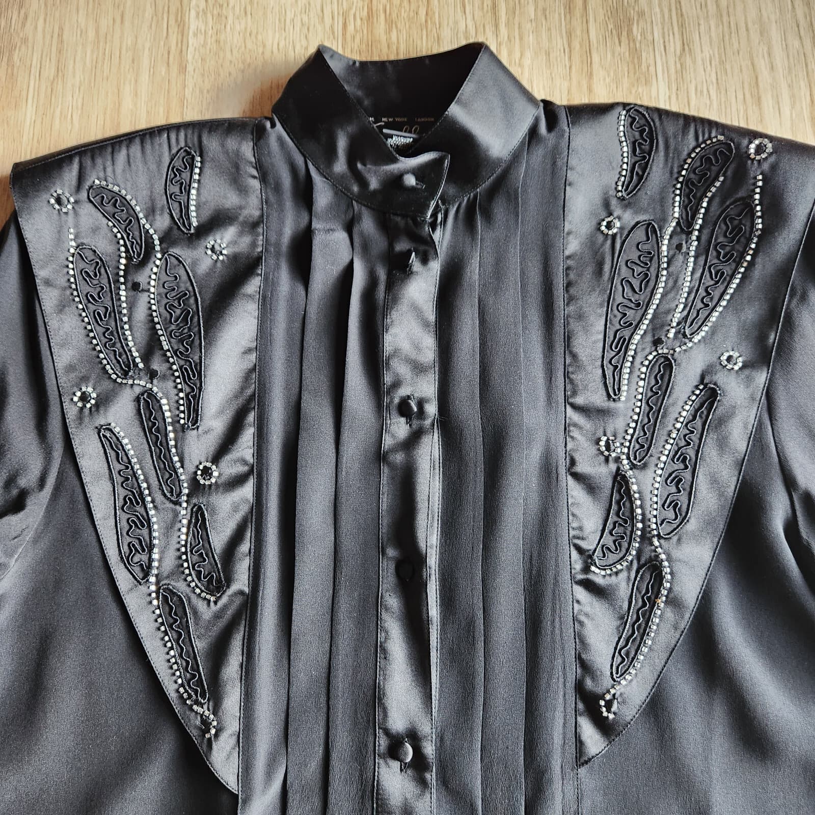Vintage Suzelle Silk Satin Beaded Blouse High Neck Button Long Sleeve Black Sz.8 - Thumbnail 2