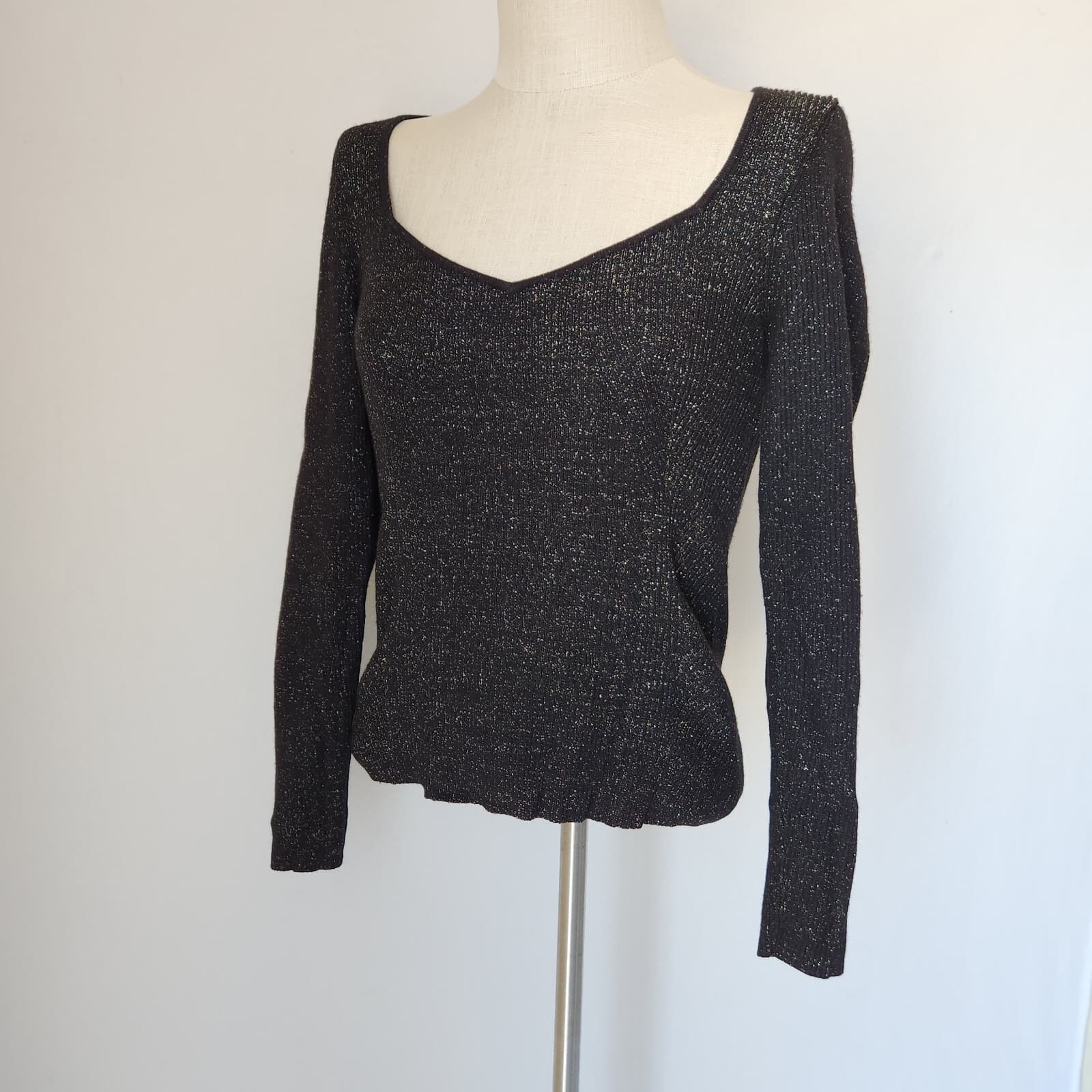 Anthropologie Sweathear Sweater Long Sleeve Ribbed Knit Metallic Black Lurex L - Thumbnail 3