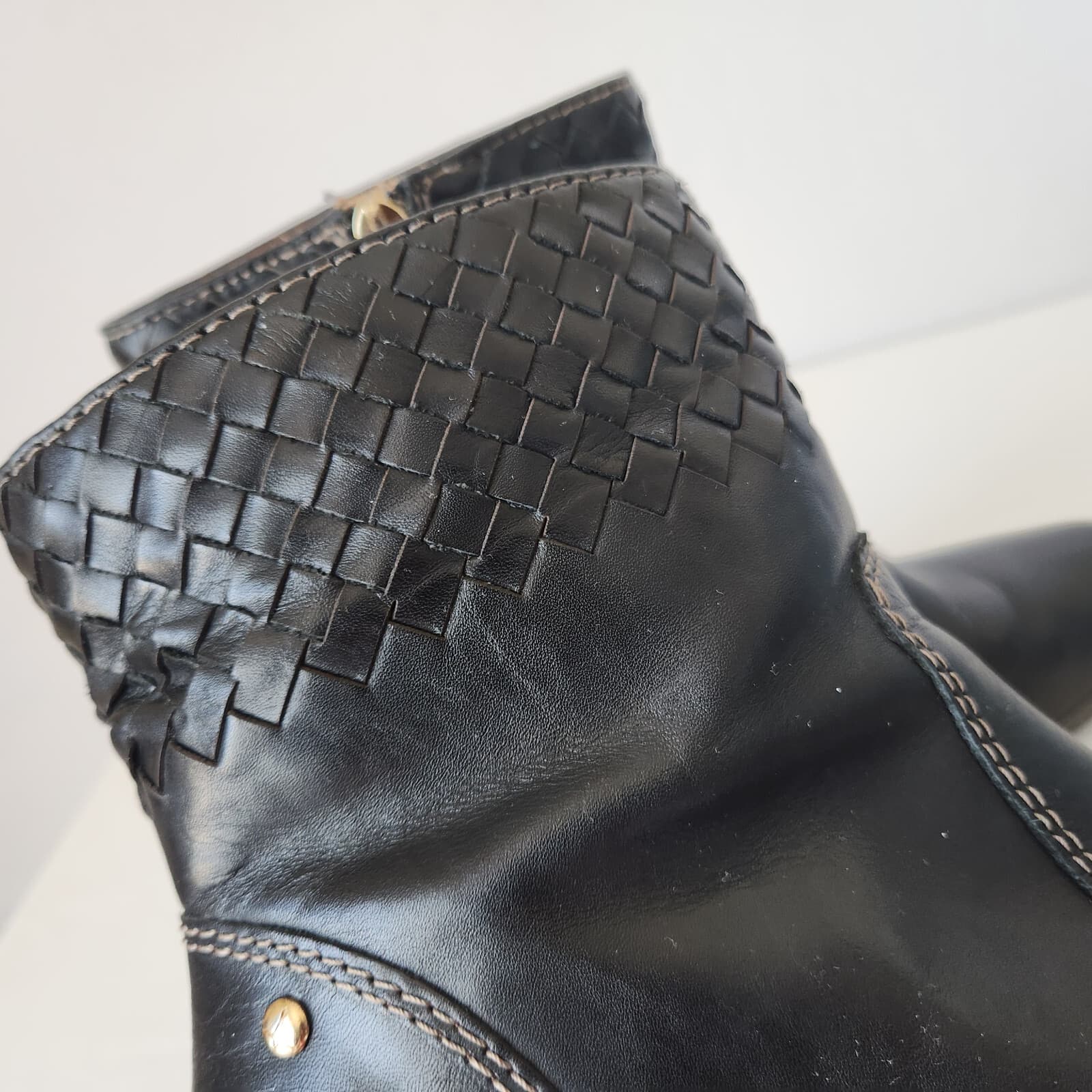 Pikolinos Black Leather Woven Detail Ankle Bootie 3" Block Heel Side-Zipper EU39 - Thumbnail 10