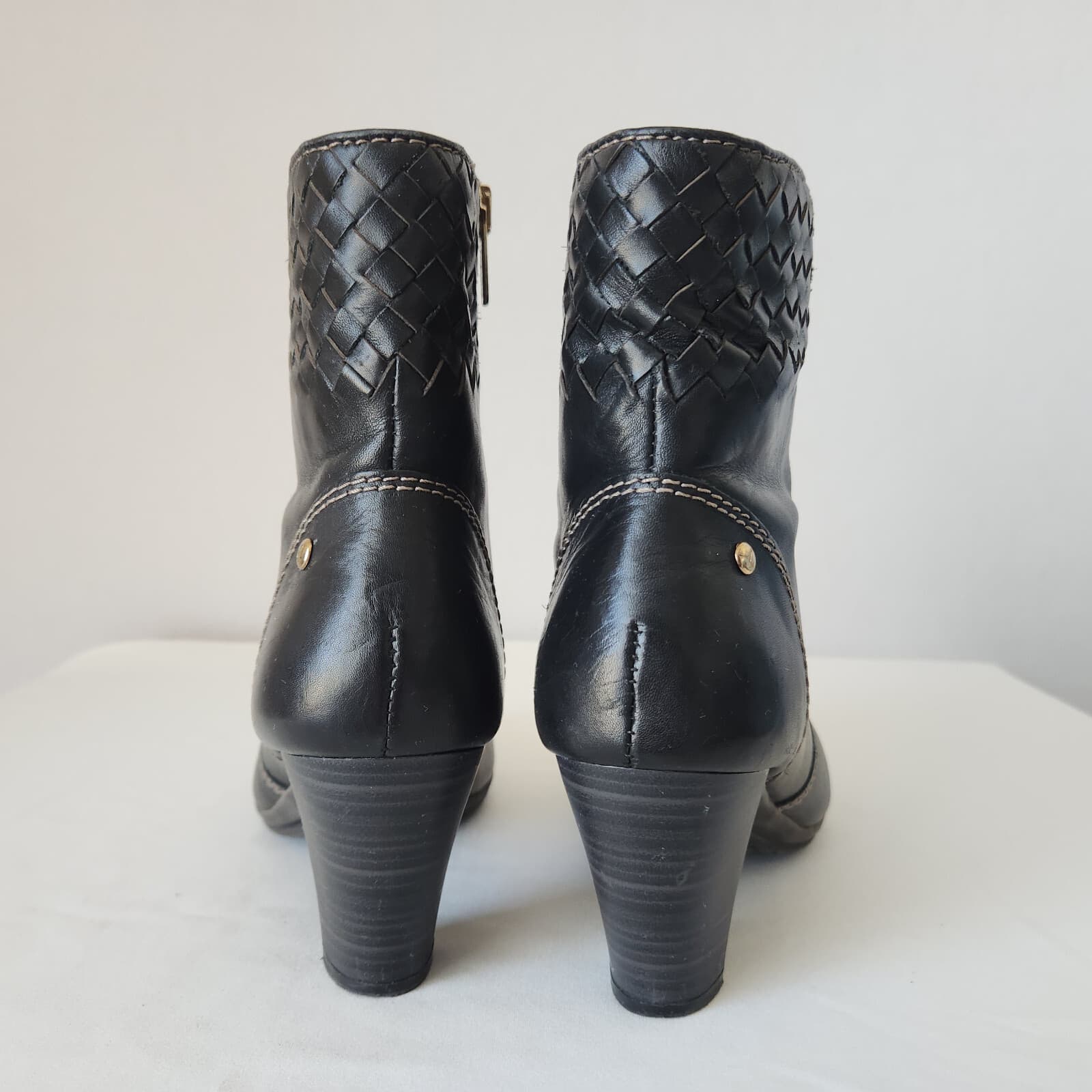 Pikolinos Black Leather Woven Detail Ankle Bootie 3" Block Heel Side-Zipper EU39 - Thumbnail 8