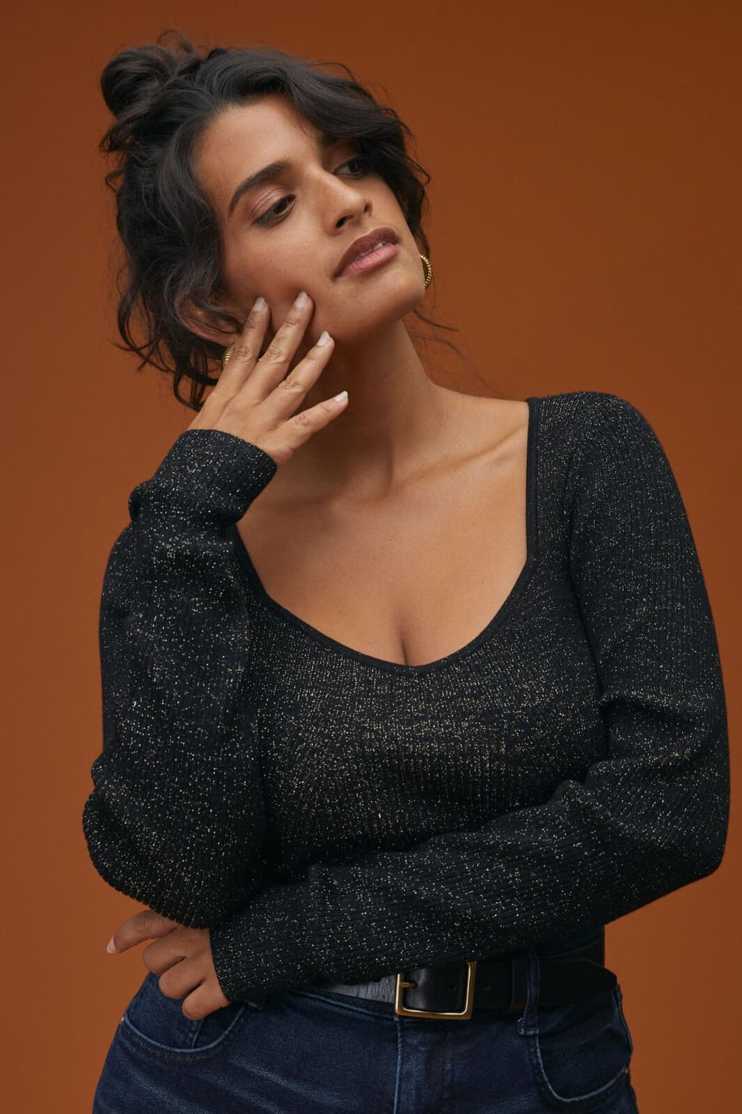 Anthropologie Sweathear Sweater Long Sleeve Ribbed Knit Metallic Black Lurex L - Thumbnail 2