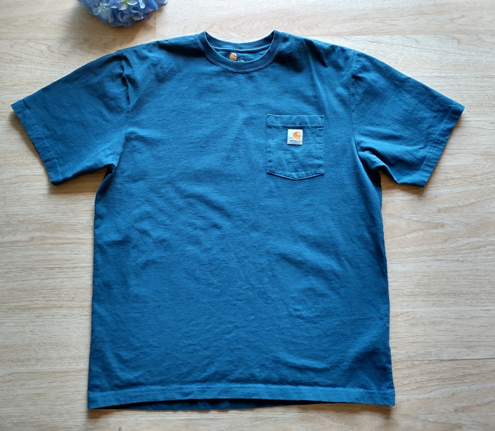 Carhartt Men 100% Cotton Short Sleeve Pocket T-Shirt Crew Neck Green-Blue L-Tall - Thumbnail 2