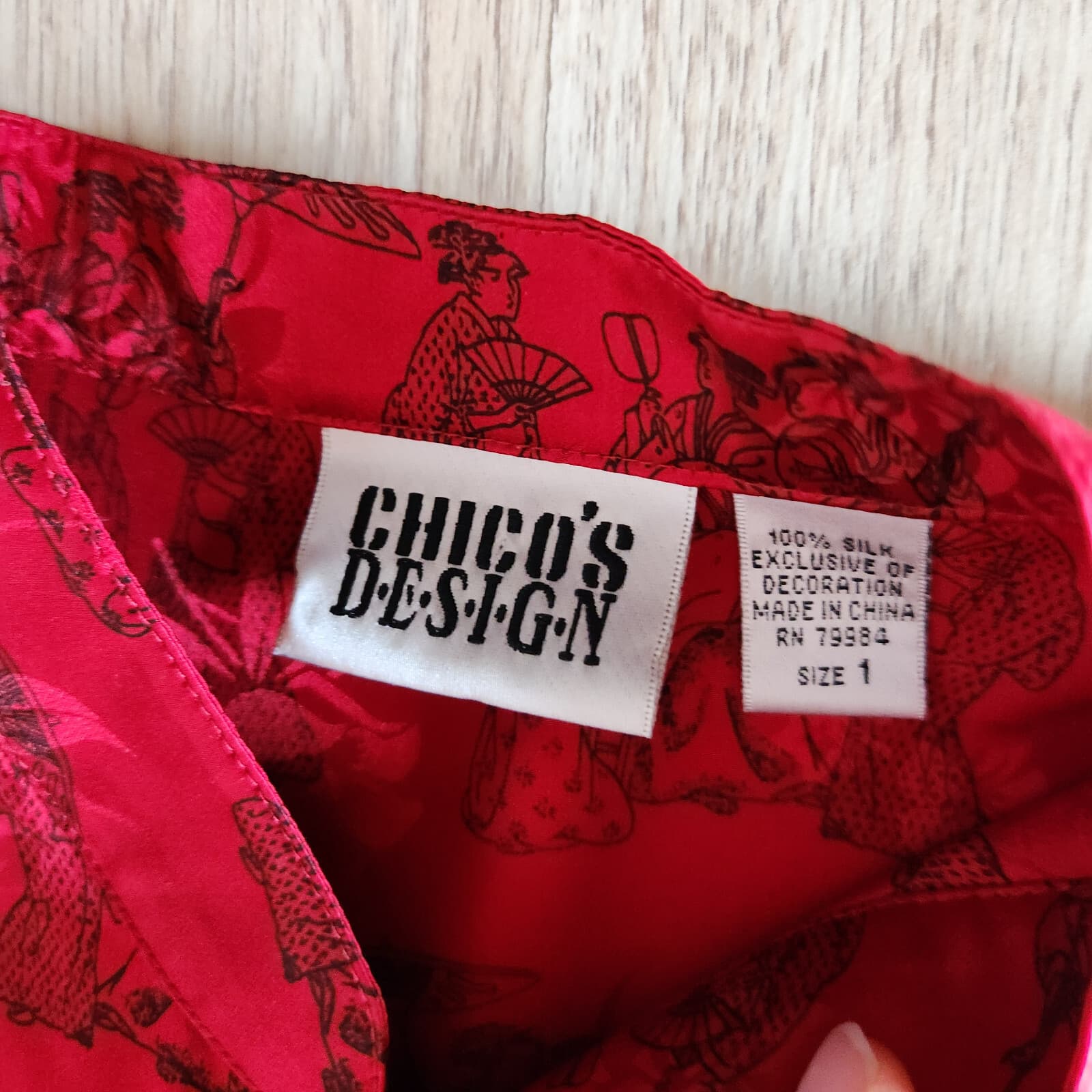 Vintage Chico's Design Silk Satin Japanese Mandarin Neck Blouse Button Red Sz.1 - Thumbnail 9