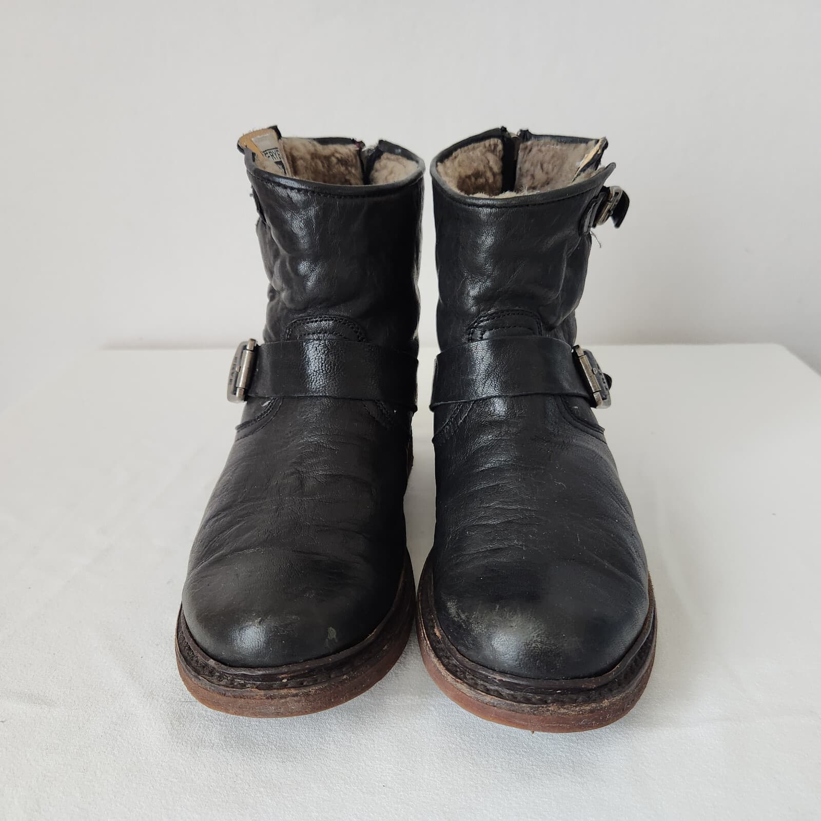 Frye Valerie 6 Black Leather Shearling Buckle Zip Motorcycle Bootie Women's US7B - Thumbnail 7