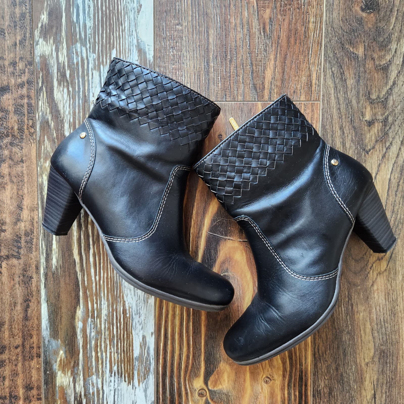 Pikolinos Black Leather Woven Detail Ankle Bootie 3" Block Heel Side-Zipper EU39 - Thumbnail 6