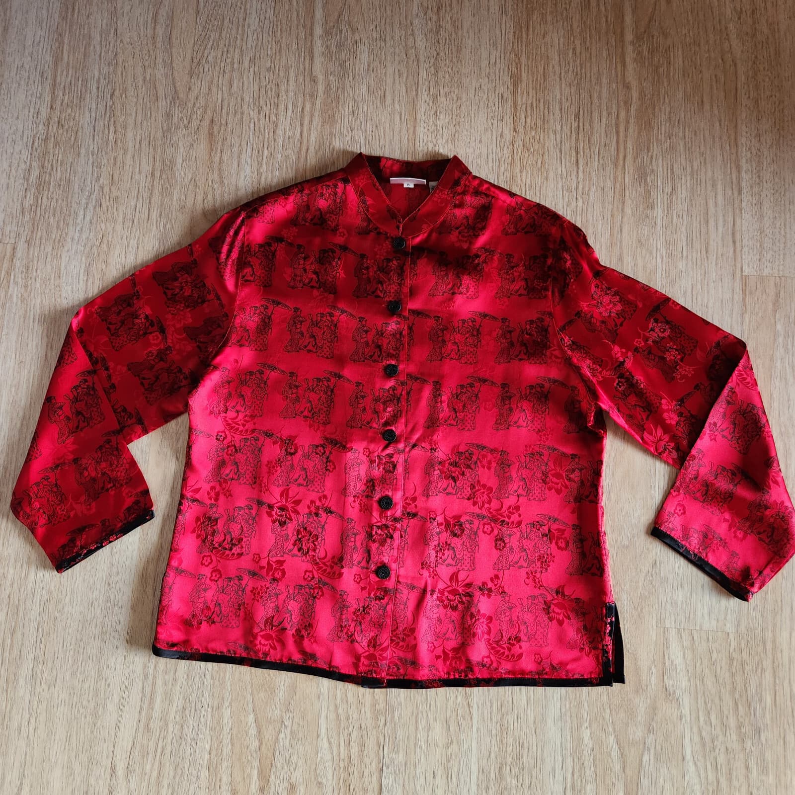 Vintage Chico's Design Silk Satin Japanese Mandarin Neck Blouse Button Red Sz.1 - Thumbnail 6