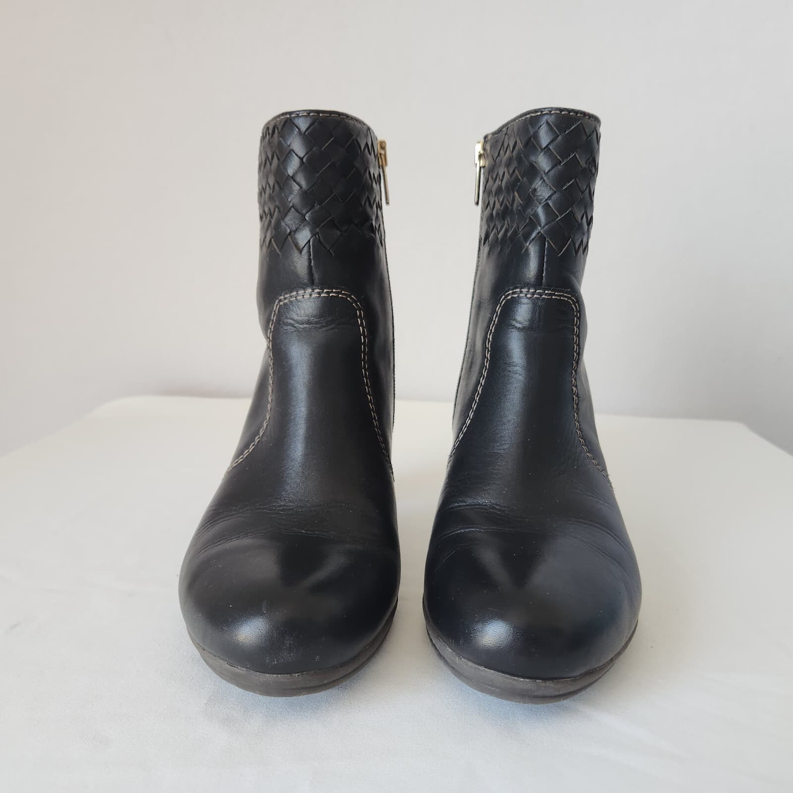 Pikolinos Black Leather Woven Detail Ankle Bootie 3" Block Heel Side-Zipper EU39 - Thumbnail 4