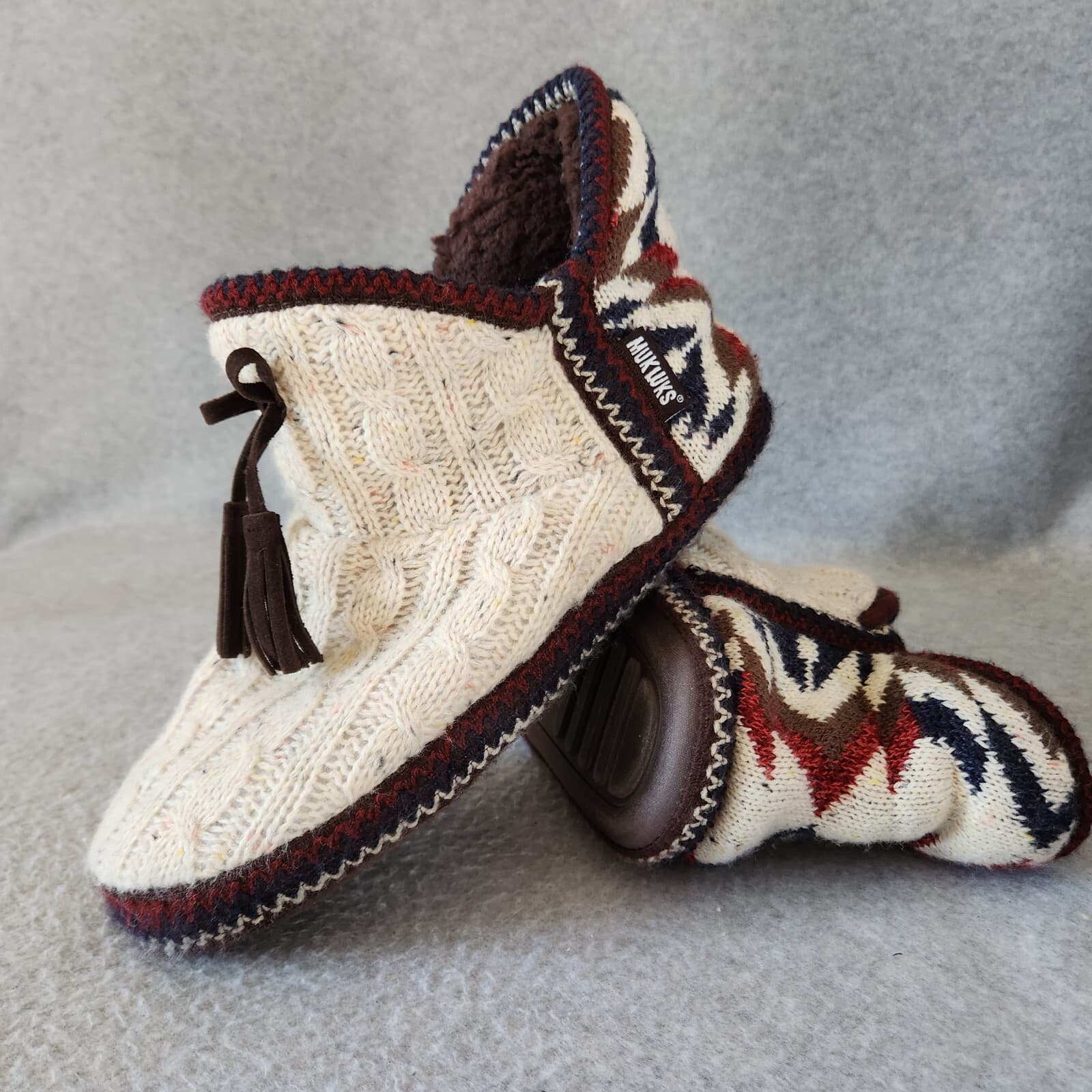 MUK LUKS Amira Fuzzy Fair Isle Cable Knit Bootie Slipper Fleece Lined Sz.US9-10 - Thumbnail 3