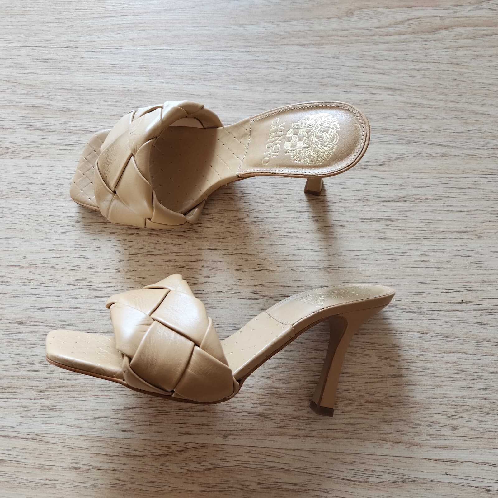 Vince Camuto Brelanie Braided Leather 3.5 Inches Heel Mule Sandal Beige US6M - Thumbnail 4