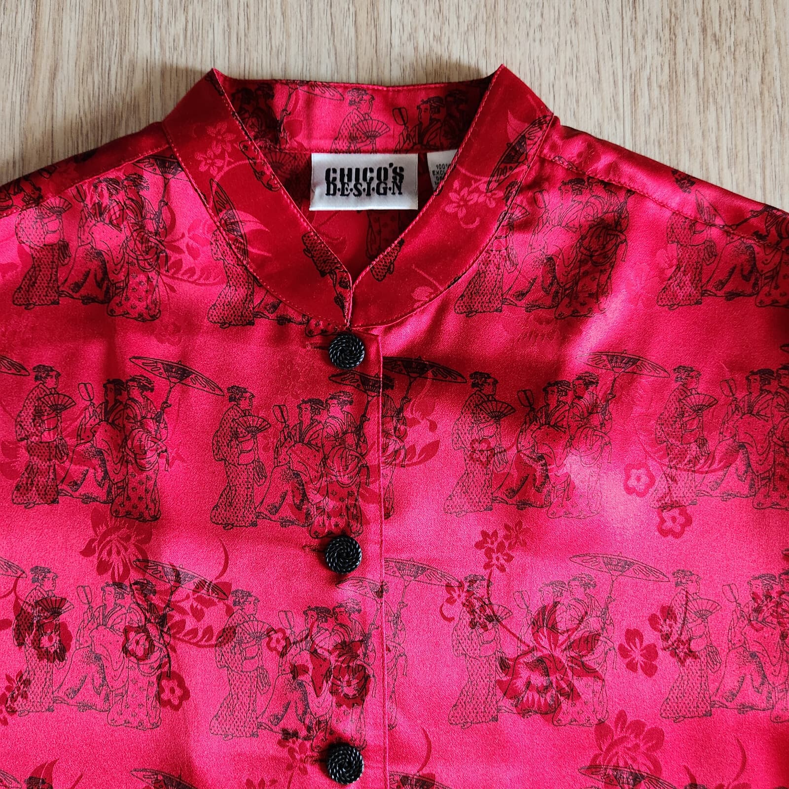 Vintage Chico's Design Silk Satin Japanese Mandarin Neck Blouse Button Red Sz.1 - Thumbnail 8