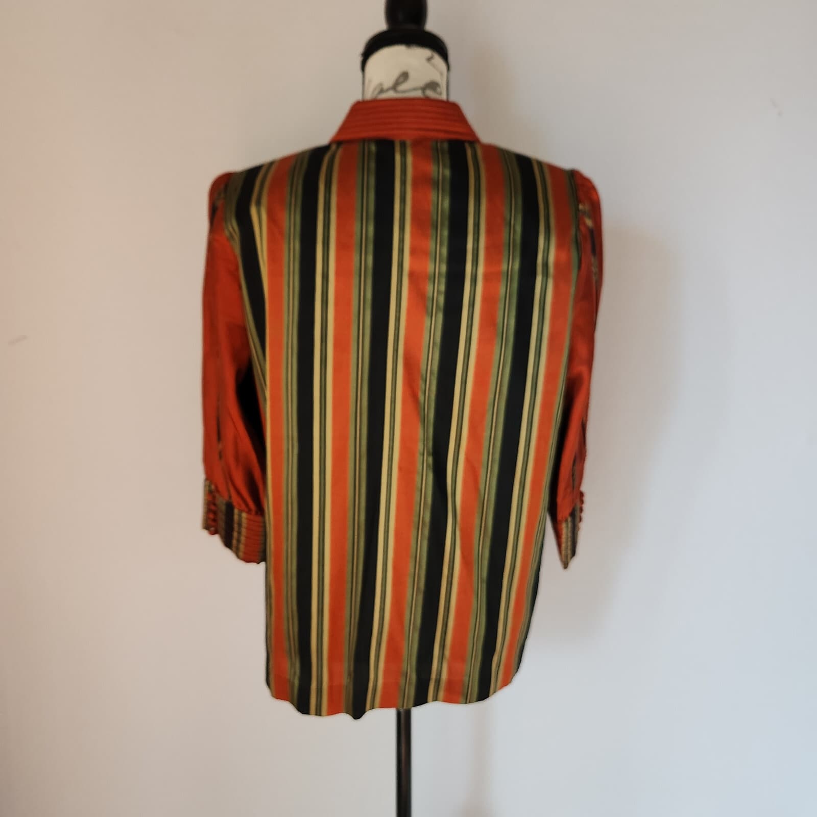 J.S Thai Silk Handmade 100% Silk Blouse Button-Up 3/4 Sleeve Stripe Red Bust 42" - Thumbnail 4