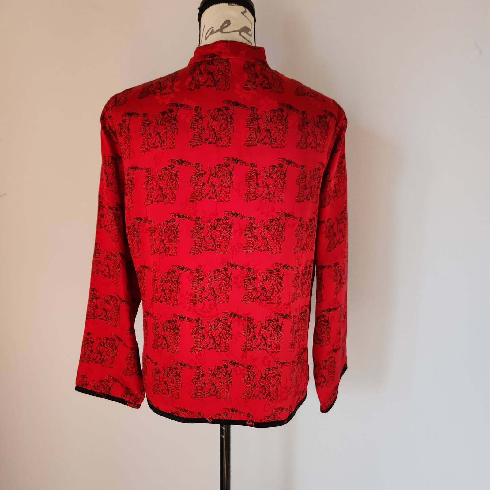 Vintage Chico's Design Silk Satin Japanese Mandarin Neck Blouse Button Red Sz.1 - Thumbnail 5