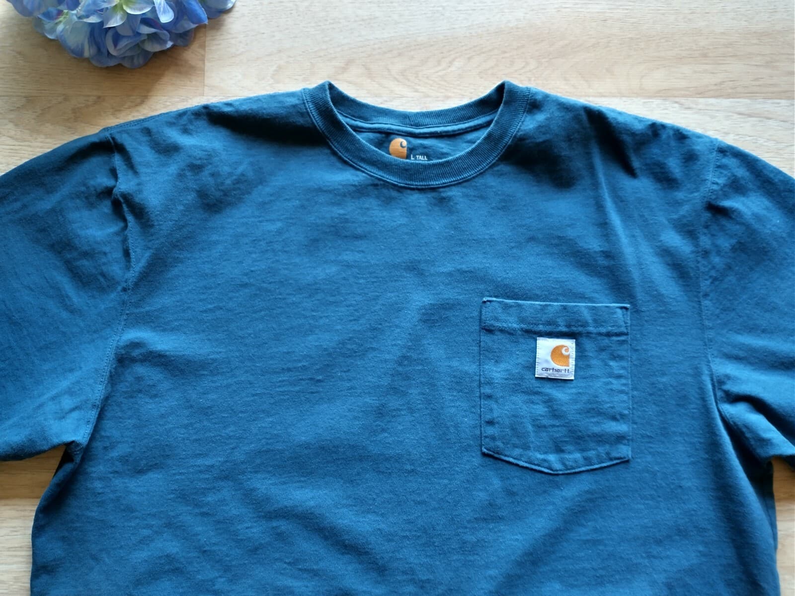 Carhartt Men 100% Cotton Short Sleeve Pocket T-Shirt Crew Neck Green-Blue L-Tall - Thumbnail 4