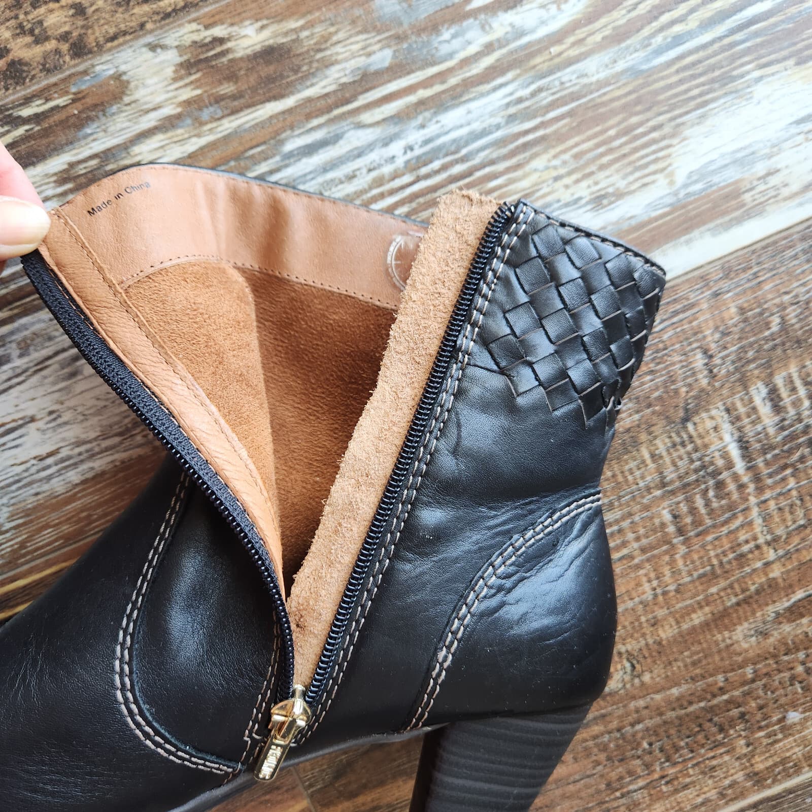 Pikolinos Black Leather Woven Detail Ankle Bootie 3" Block Heel Side-Zipper EU39 - Thumbnail 15