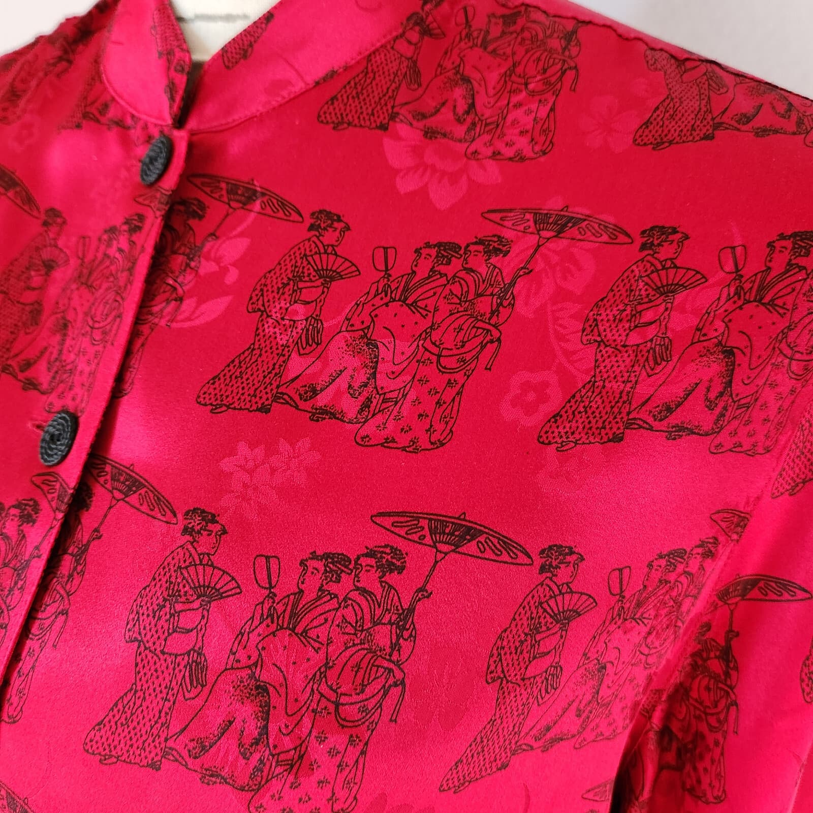 Vintage Chico's Design Silk Satin Japanese Mandarin Neck Blouse Button Red Sz.1 - Thumbnail 3