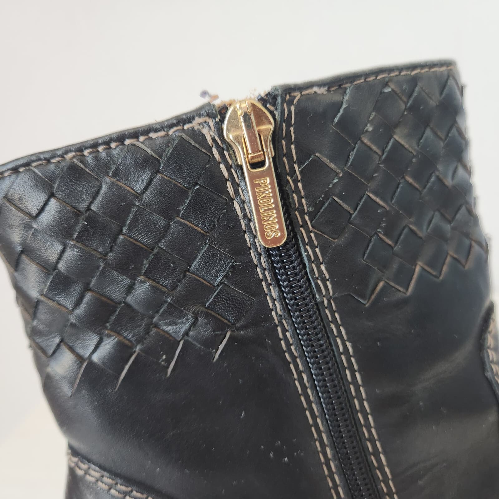 Pikolinos Black Leather Woven Detail Ankle Bootie 3" Block Heel Side-Zipper EU39 - Thumbnail 11