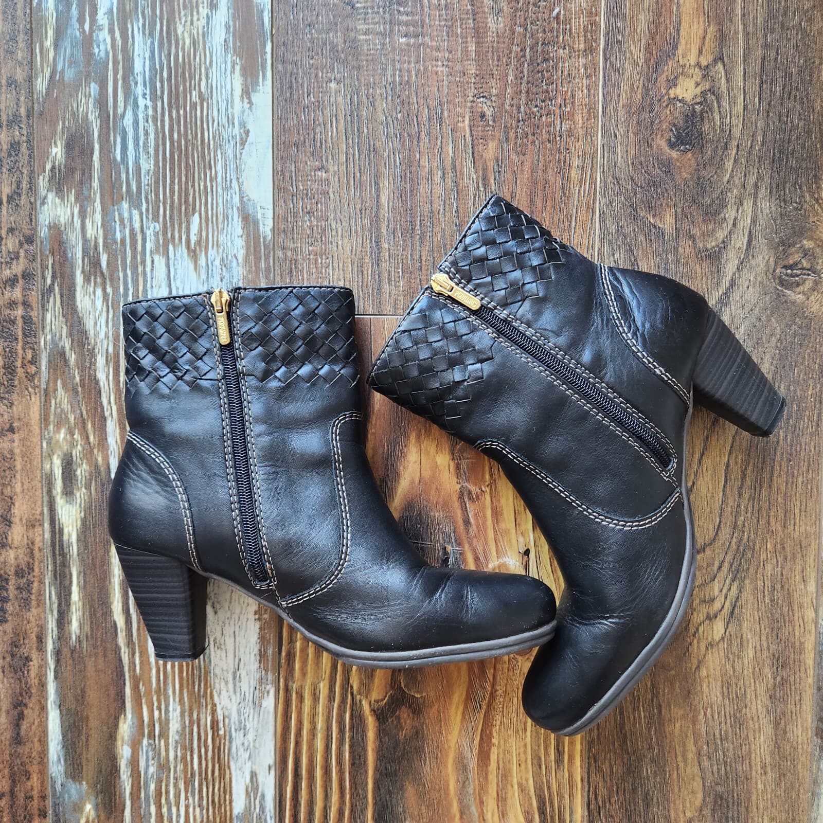 Pikolinos Black Leather Woven Detail Ankle Bootie 3" Block Heel Side-Zipper EU39 - Thumbnail 5