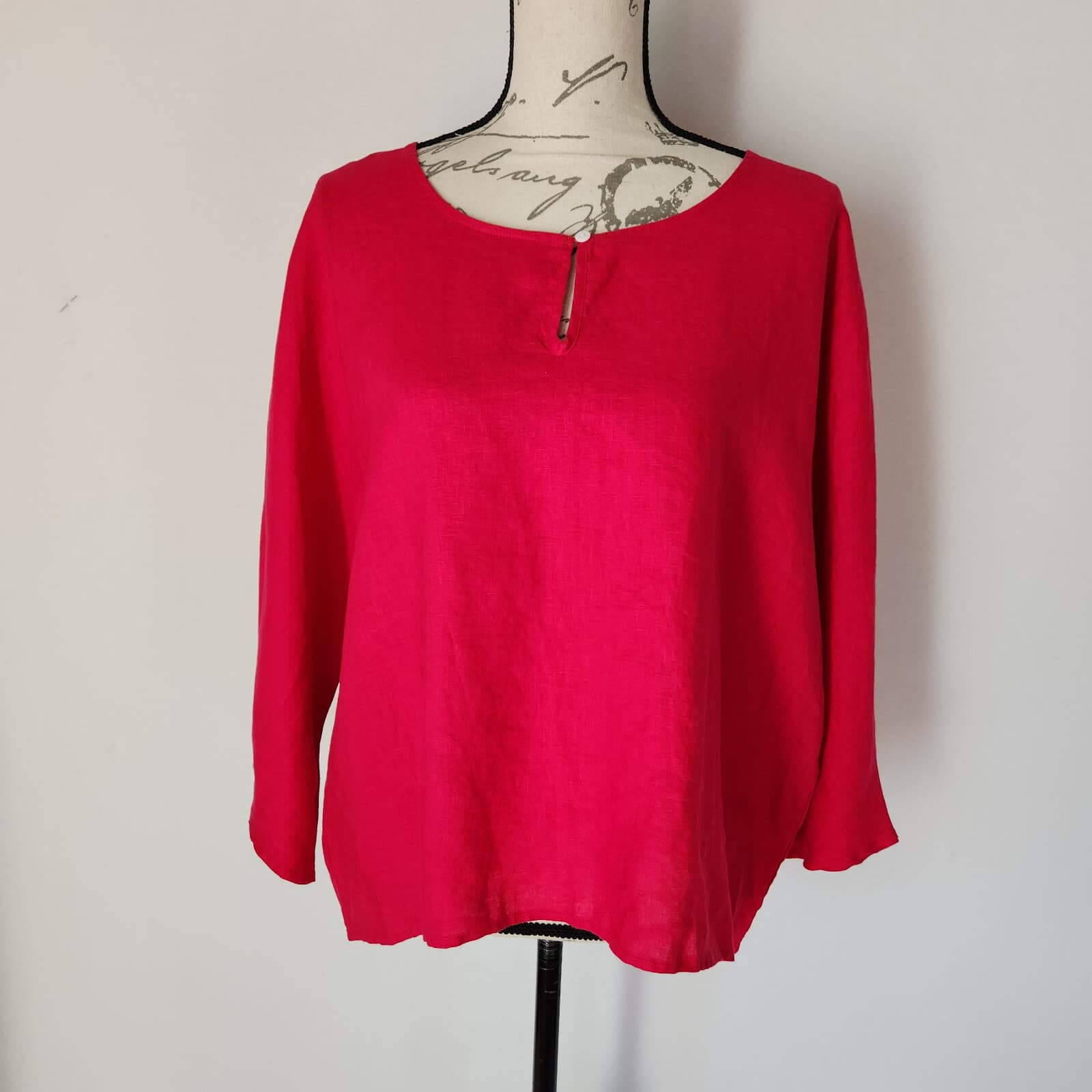 For Cynthia 100% Linen Key-Hole Top Drop Shoulder 3/4 Sleeve Pink Women's M - Thumbnail 2