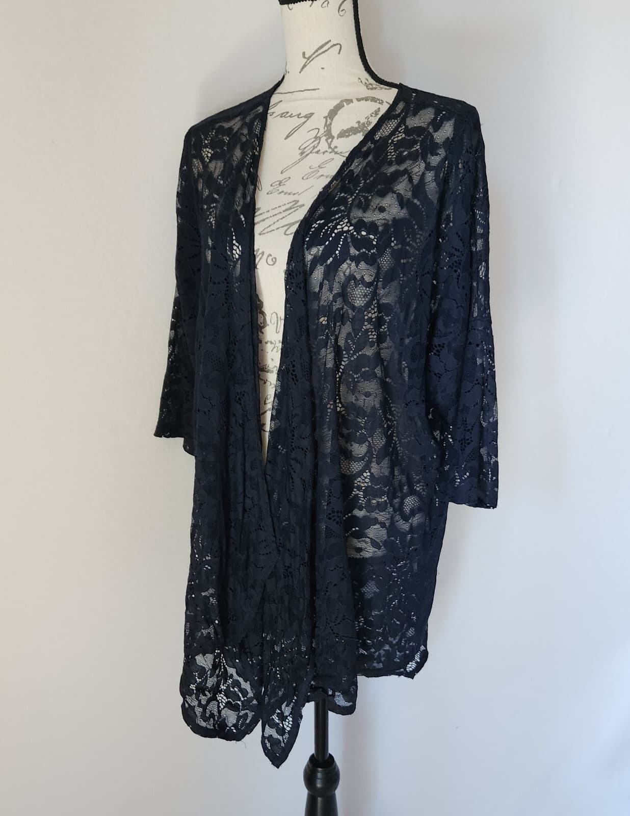 Sympli Floral Lace Draped Open Topper Cardigan Short Sleeve Navy Blue Women 10 - Thumbnail 2