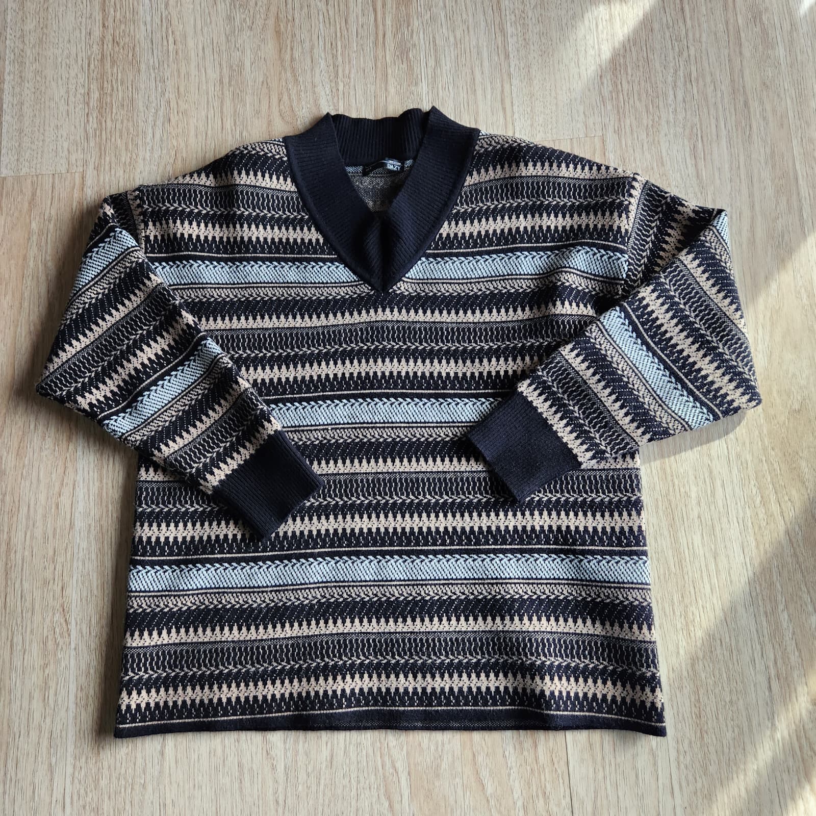 Dazy Chevron Stripe V-Neck Sweater Pullover Drop Shoulder Multicolor Women Sz.M - Thumbnail 7