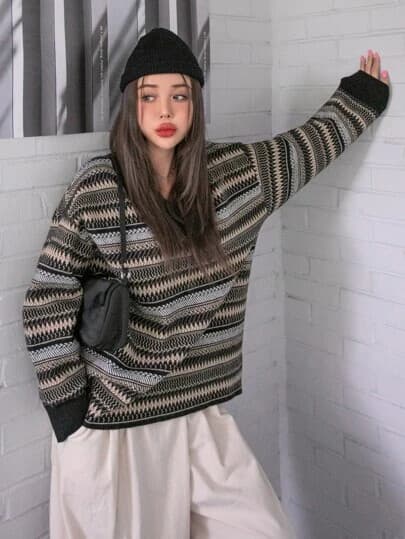 Dazy Chevron Stripe V-Neck Sweater Pullover Drop Shoulder Multicolor Women Sz.M - Thumbnail 3