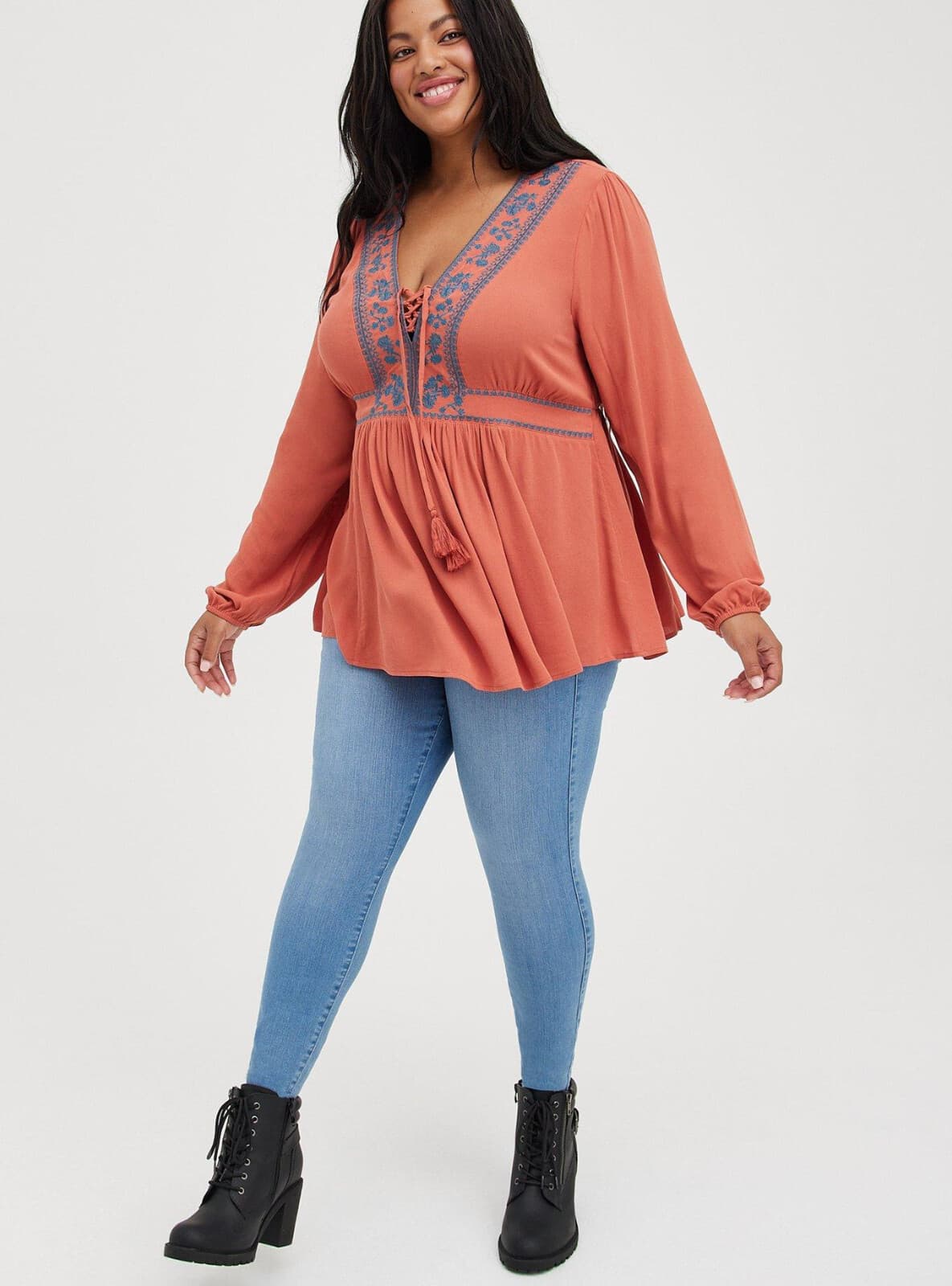 Torrid Babydoll Rayon Crepe Embroidered Tassel Boho Top Long Sleeve Rust Sz.2 - Thumbnail 3