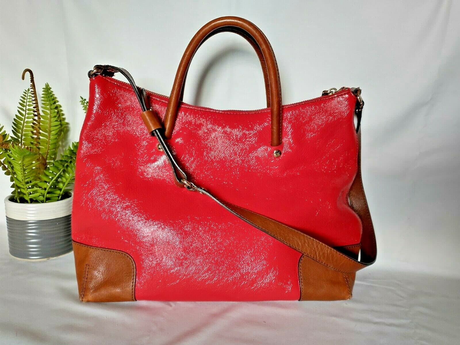 Kate Spade Brown Leather Red Texture Patent Shoulder Tote Bag - Thumbnail 3